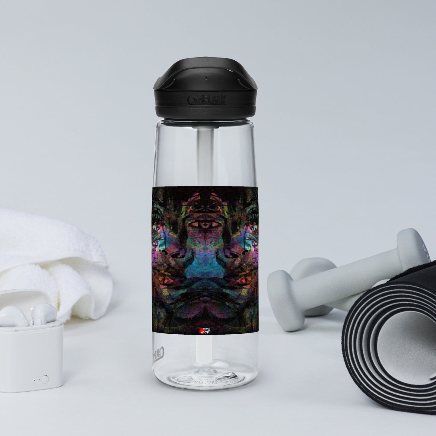 Abstract art sports water bottle with vibrant brushstrokes, crafted from 50% recycled plastic. Spill-proof lid, ergonomic handle. Eco-friendly, design by Hipyfi Clothes & Design. clear-left