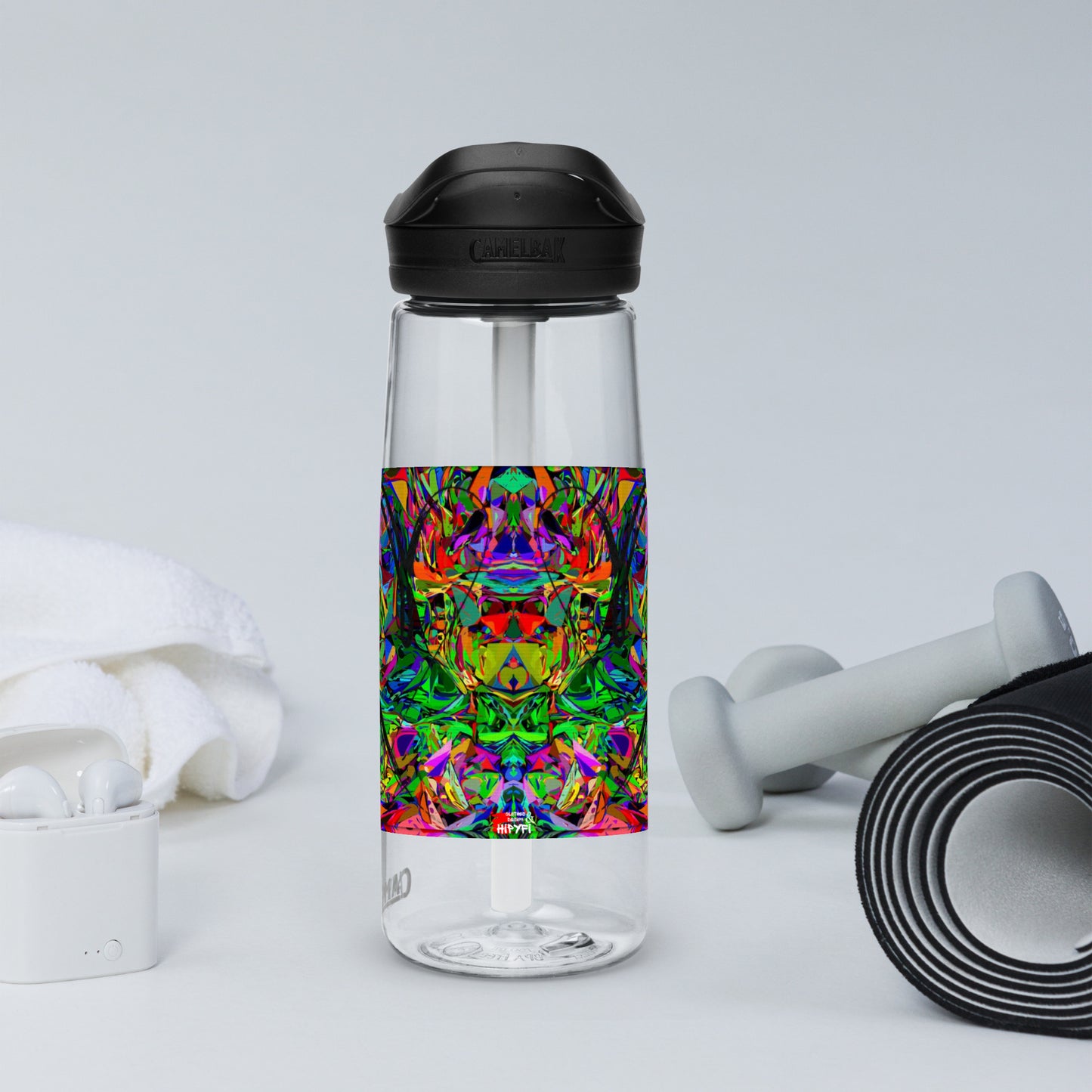 Neon Mythos sports water bottle with abstract multicolor design by Hipyfi Clothes & Design – BPA-free, eco-friendly gym hydration bottle clear-left