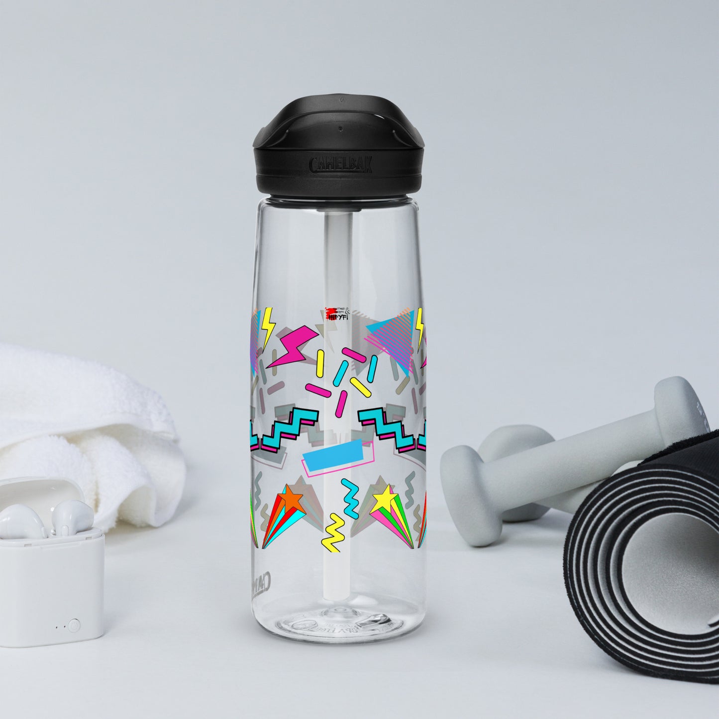 Hipyfi 80s Retro Sports Water Bottle in Oxford Blue with colorful pop art design, BPA-free and reusable clear-left