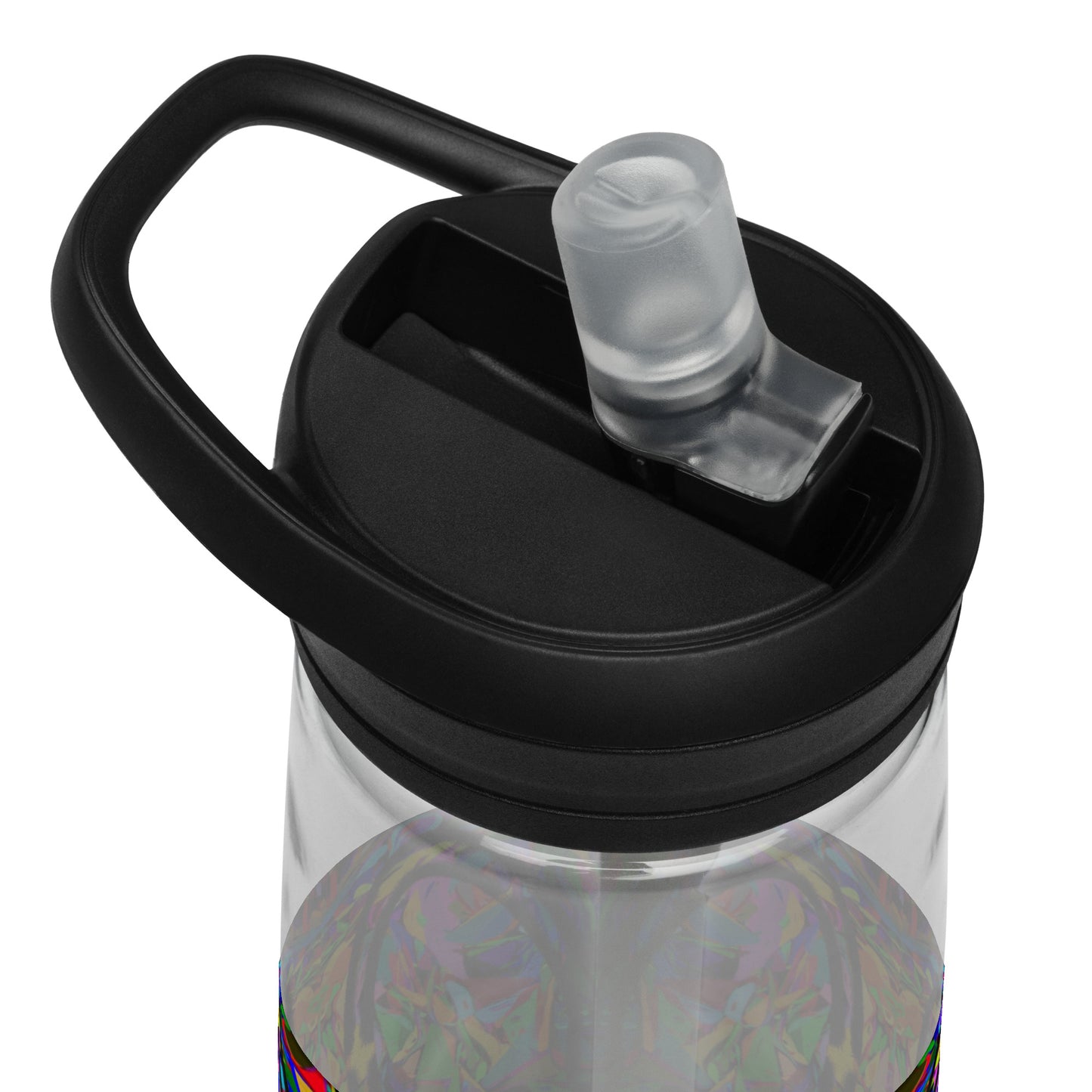 Neon Mythos sports water bottle with abstract multicolor design by Hipyfi Clothes & Design – BPA-free, eco-friendly gym hydration bottle clear-product-details