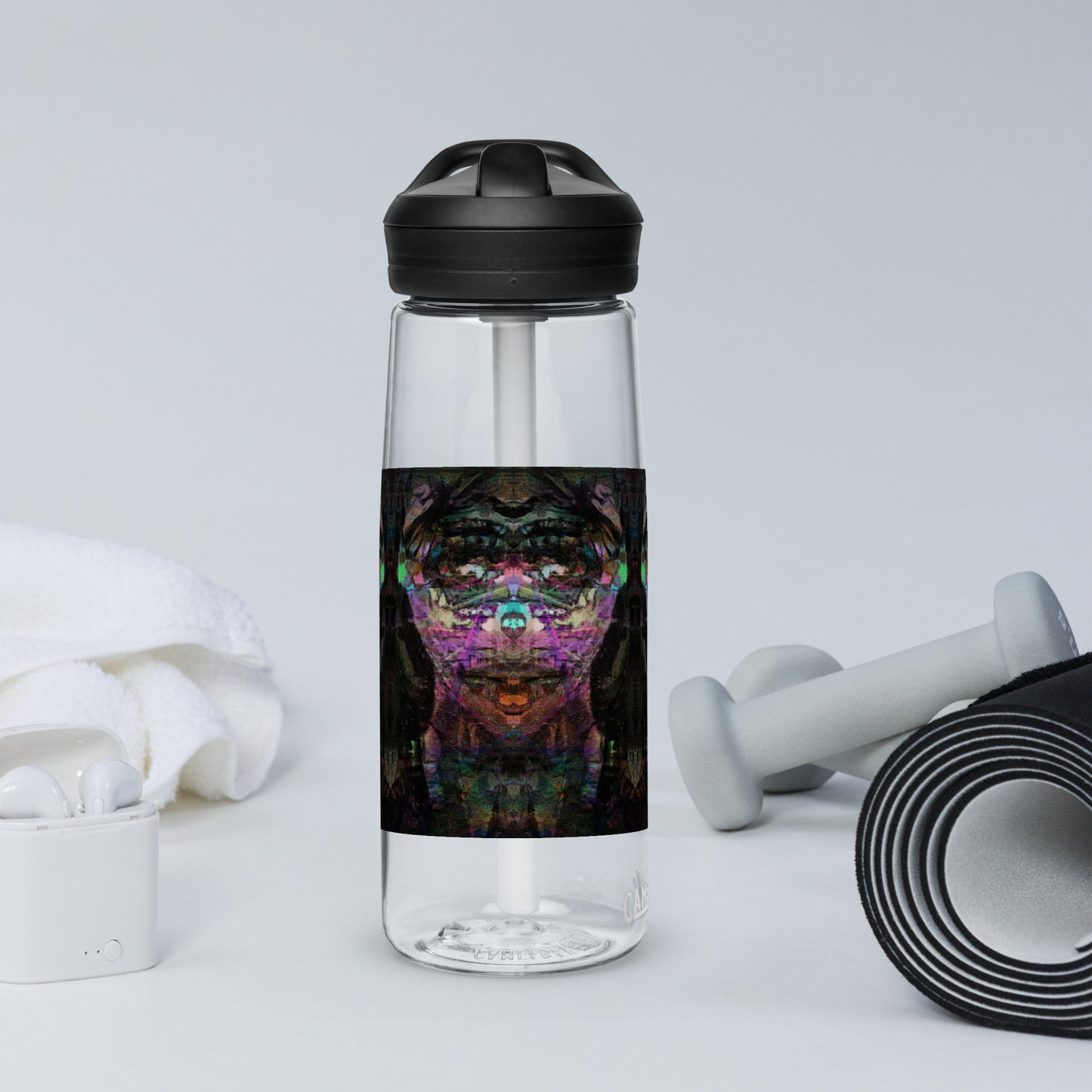 Abstract art sports water bottle with vibrant brushstrokes, crafted from 50% recycled plastic. Spill-proof lid, ergonomic handle. Eco-friendly, design by Hipyfi Clothes & Design. clear-right