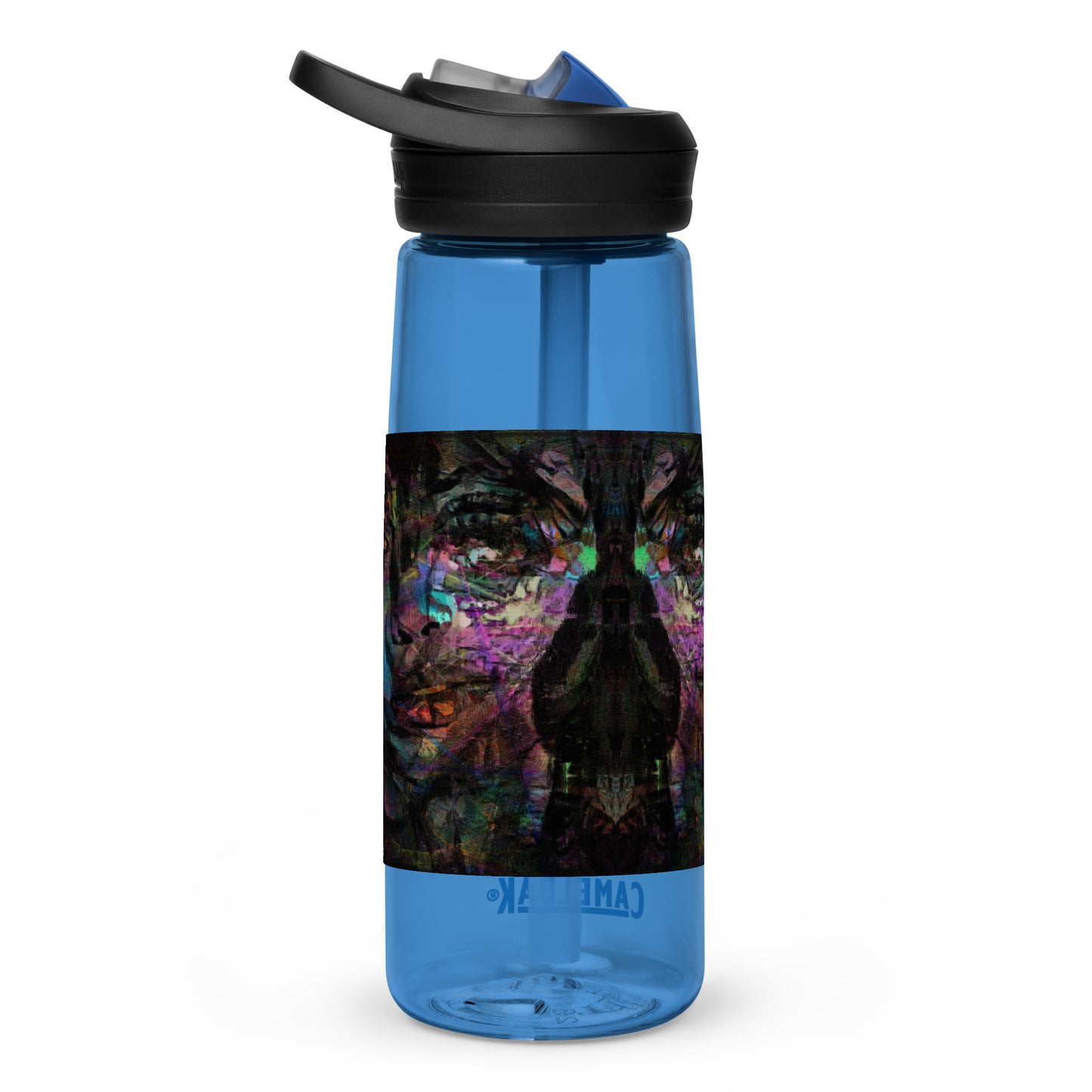Abstract art sports water bottle with vibrant brushstrokes, crafted from 50% recycled plastic. Spill-proof lid, ergonomic handle. Eco-friendly, design by Hipyfi Clothes & Design. oxford-blue-back