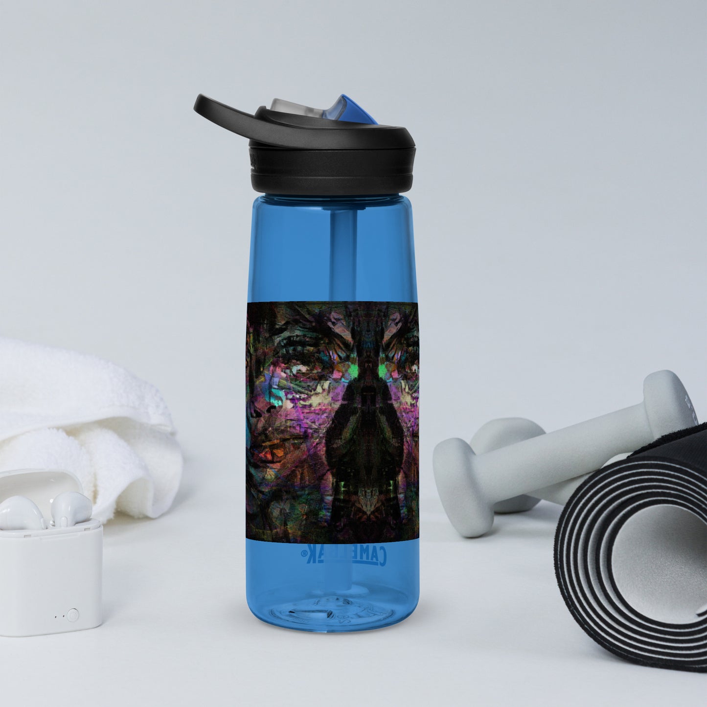 Abstract art sports water bottle with vibrant brushstrokes, crafted from 50% recycled plastic. Spill-proof lid, ergonomic handle. Eco-friendly, design by Hipyfi Clothes & Design. oxford-blue-back-2