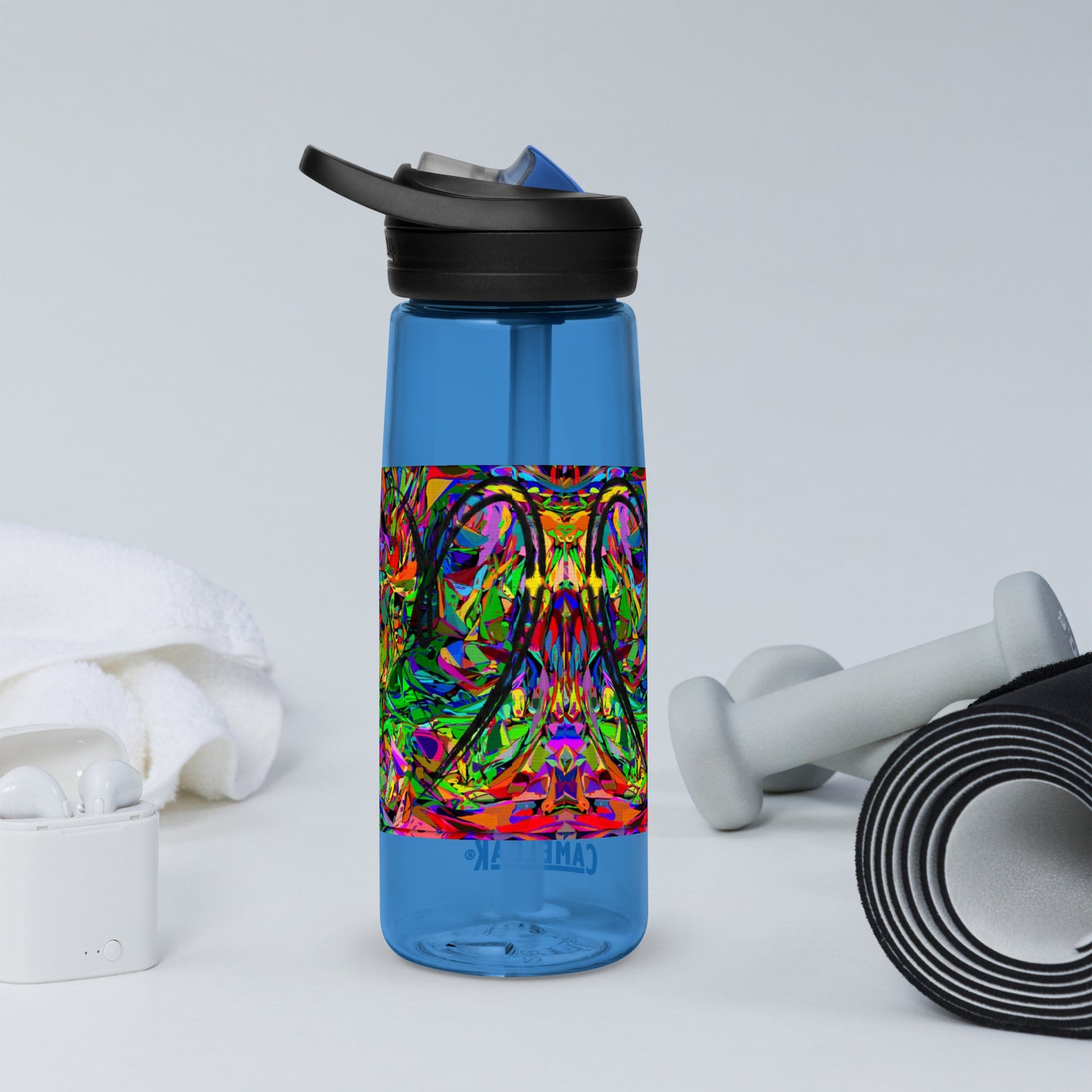 Neon Mythos sports water bottle with abstract multicolor design by Hipyfi Clothes & Design – BPA-free, eco-friendly gym hydration bottle oxford-blue-back