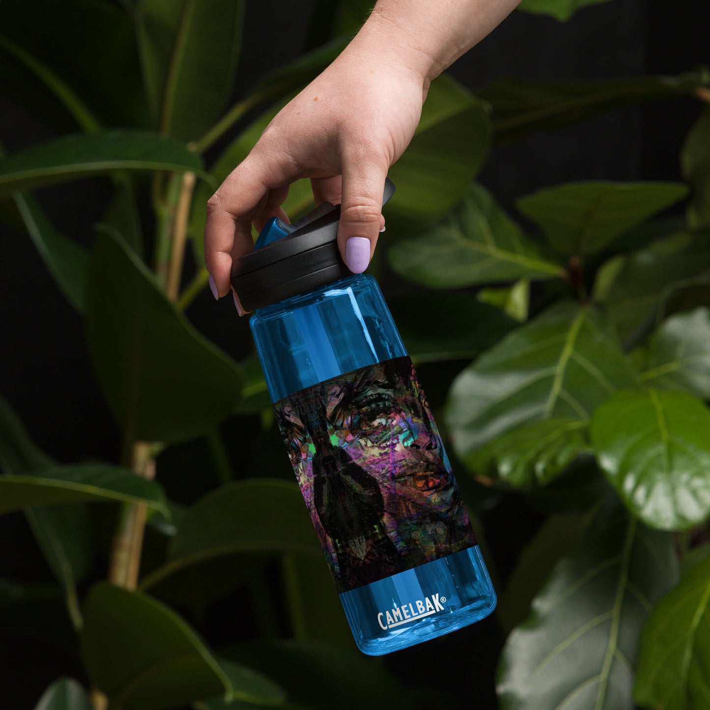 Abstract art sports water bottle with vibrant brushstrokes, crafted from 50% recycled plastic. Spill-proof lid, ergonomic handle. Eco-friendly, design by Hipyfi Clothes & Design. oxford-blue-front