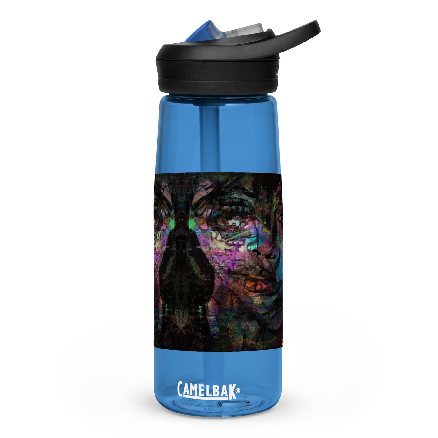 Abstract art sports water bottle with vibrant brushstrokes, crafted from 50% recycled plastic. Spill-proof lid, ergonomic handle. Eco-friendly, design by Hipyfi Clothes & Design. oxford-blue-front-2