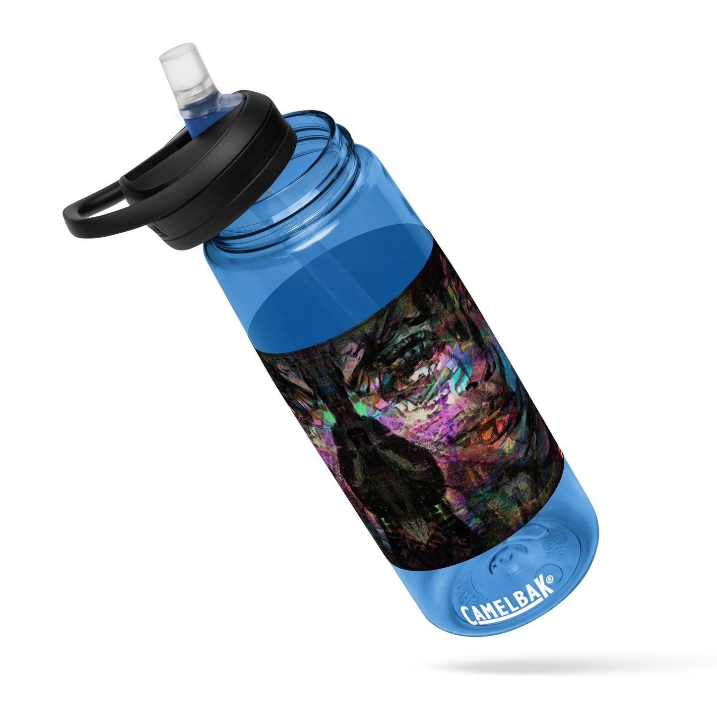 Abstract art sports water bottle with vibrant brushstrokes, crafted from 50% recycled plastic. Spill-proof lid, ergonomic handle. Eco-friendly, design by Hipyfi Clothes & Design. oxford-blue-front-4