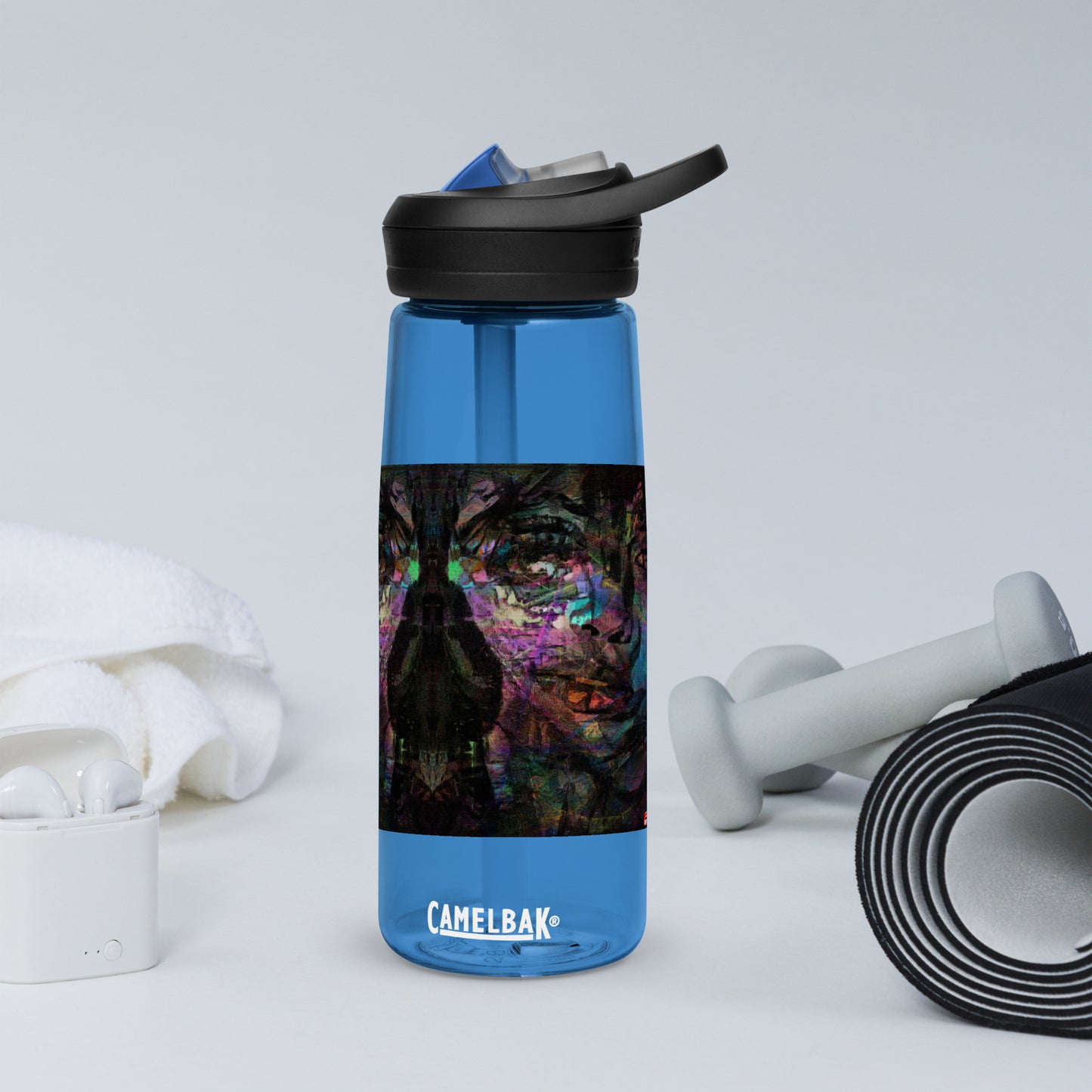 Abstract art sports water bottle with vibrant brushstrokes, crafted from 50% recycled plastic. Spill-proof lid, ergonomic handle. Eco-friendly, design by Hipyfi Clothes & Design. oxford-blue-front-3