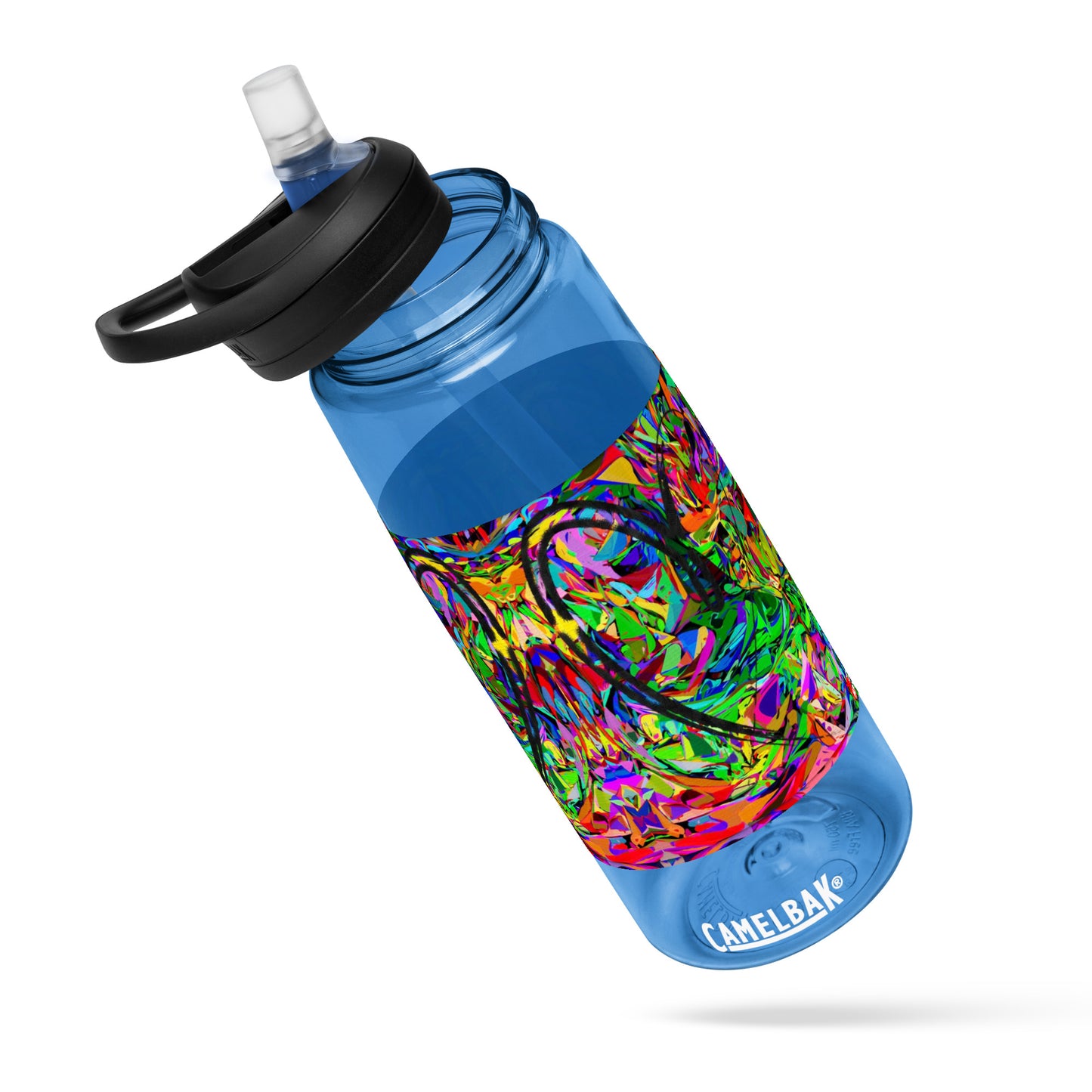 Neon Mythos sports water bottle with abstract multicolor design by Hipyfi Clothes & Design – BPA-free, eco-friendly gym hydration bottle oxford-blue-front-3