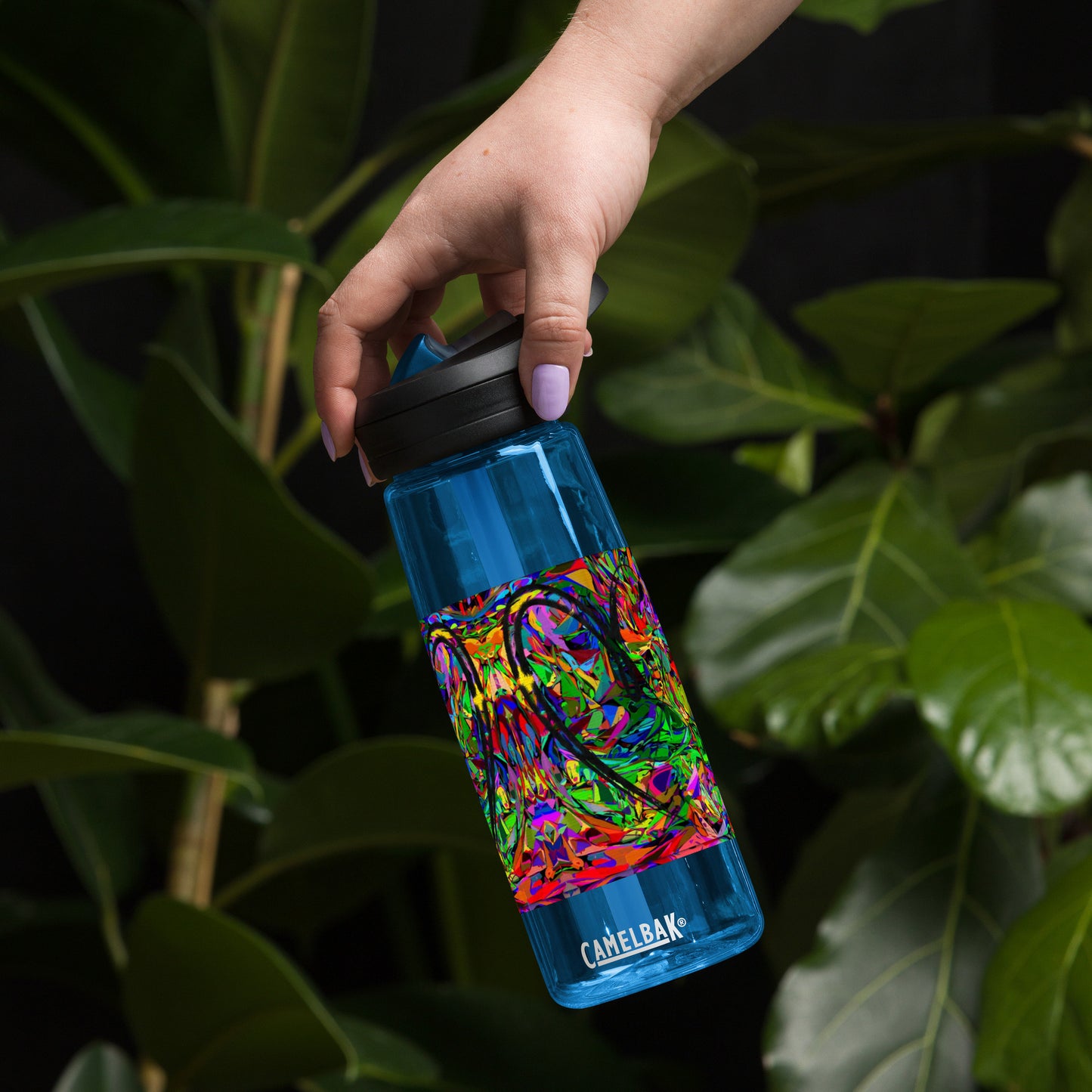 Neon Mythos sports water bottle with abstract multicolor design by Hipyfi Clothes & Design – BPA-free, eco-friendly gym hydration bottle oxford-blue-front-2