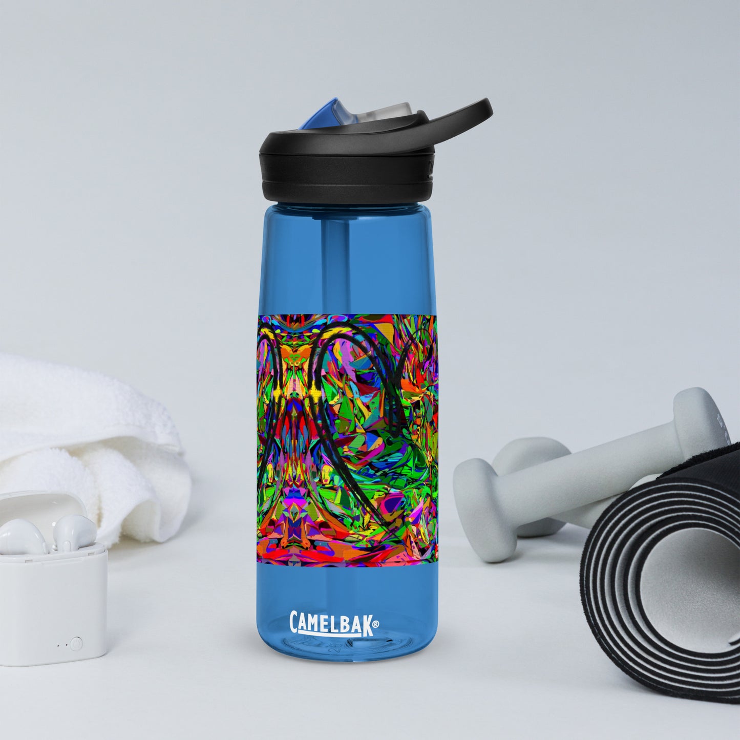 Neon Mythos sports water bottle with abstract multicolor design by Hipyfi Clothes & Design – BPA-free, eco-friendly gym hydration bottle oxford-blue-front