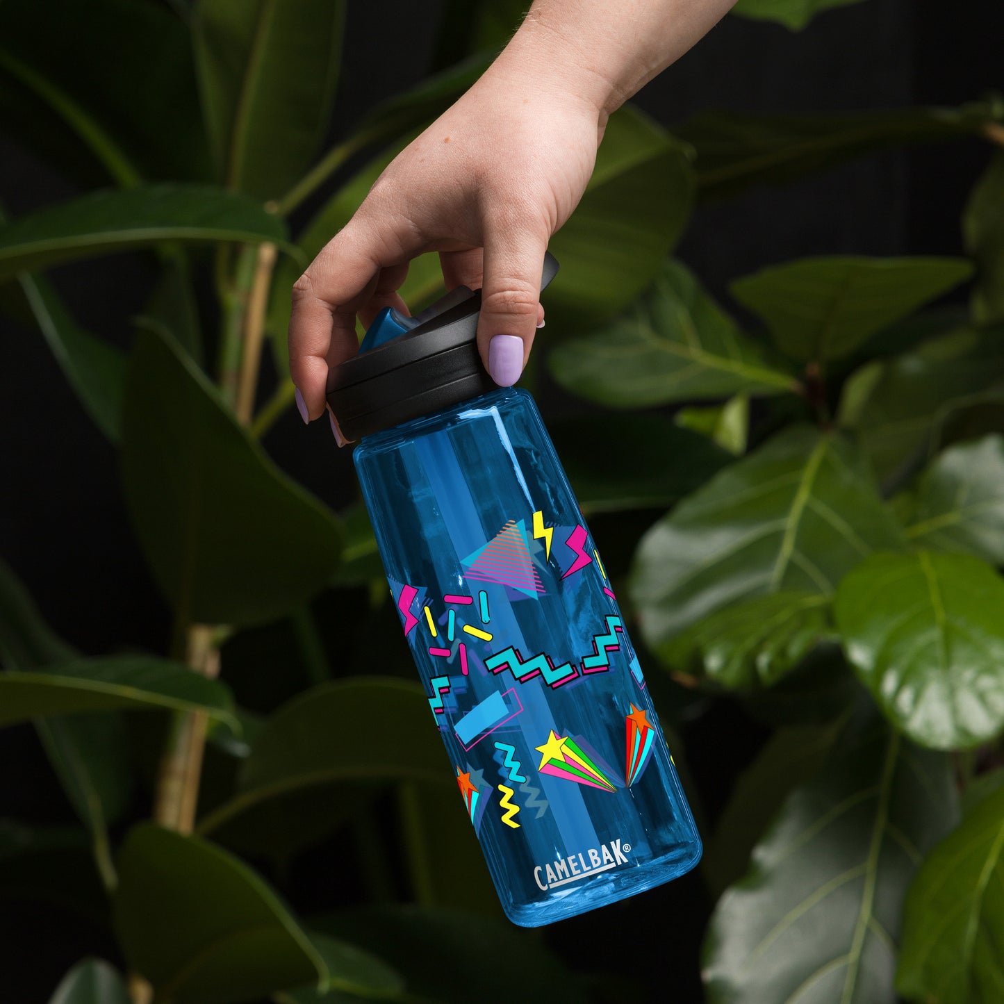 Hipyfi 80s Retro Sports Water Bottle in Oxford Blue with colorful pop art design, BPA-free and reusable oxford-blue-front-2