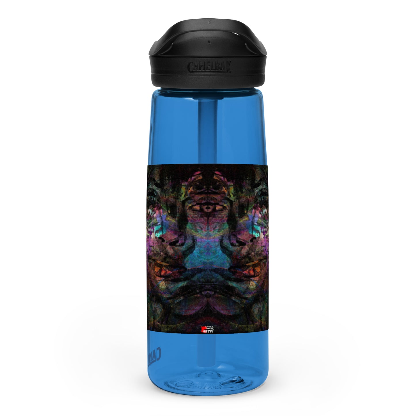 Abstract art sports water bottle with vibrant brushstrokes, crafted from 50% recycled plastic. Spill-proof lid, ergonomic handle. Eco-friendly, design by Hipyfi Clothes & Design. oxford-blue-left-2