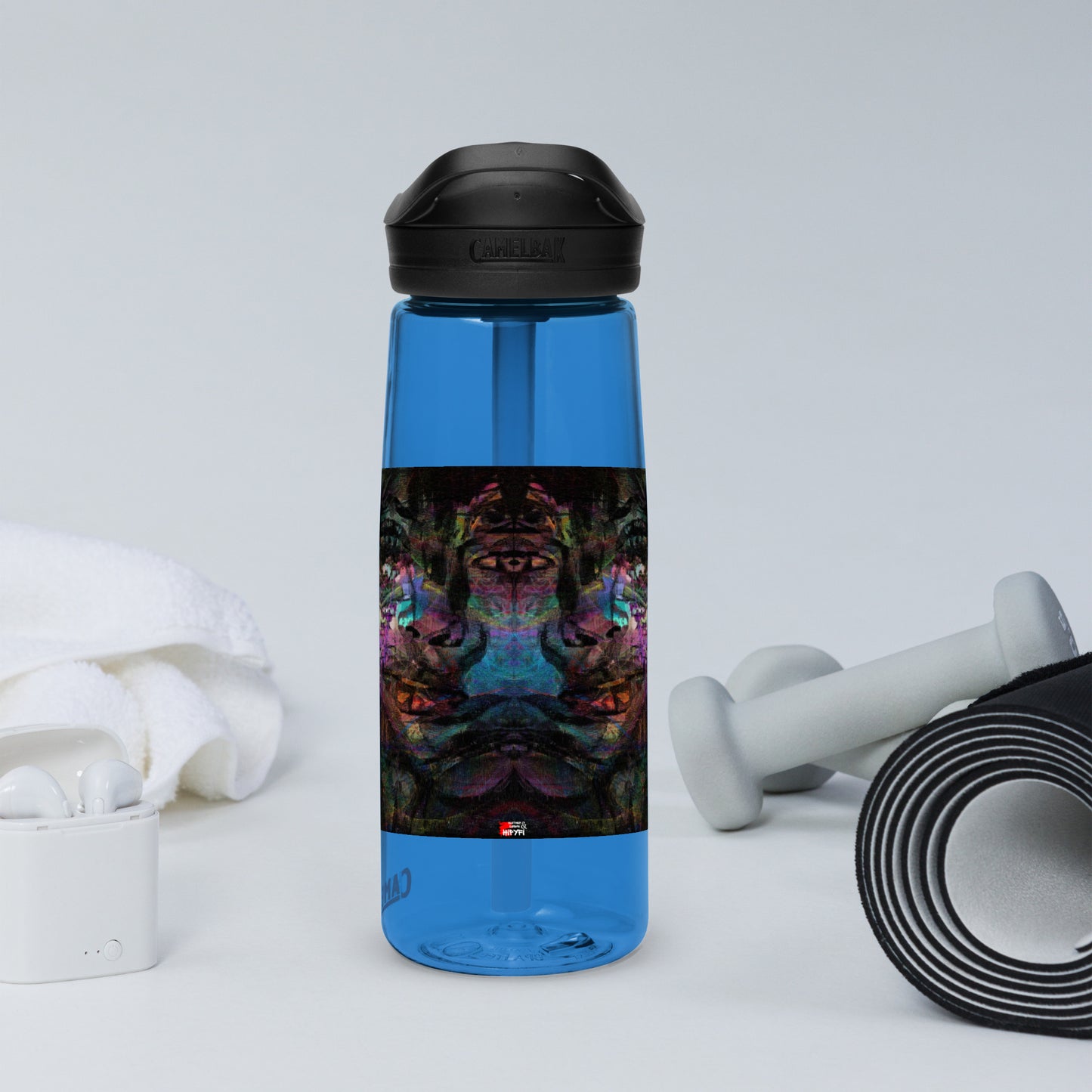 Abstract art sports water bottle with vibrant brushstrokes, crafted from 50% recycled plastic. Spill-proof lid, ergonomic handle. Eco-friendly, design by Hipyfi Clothes & Design. oxford-blue-left