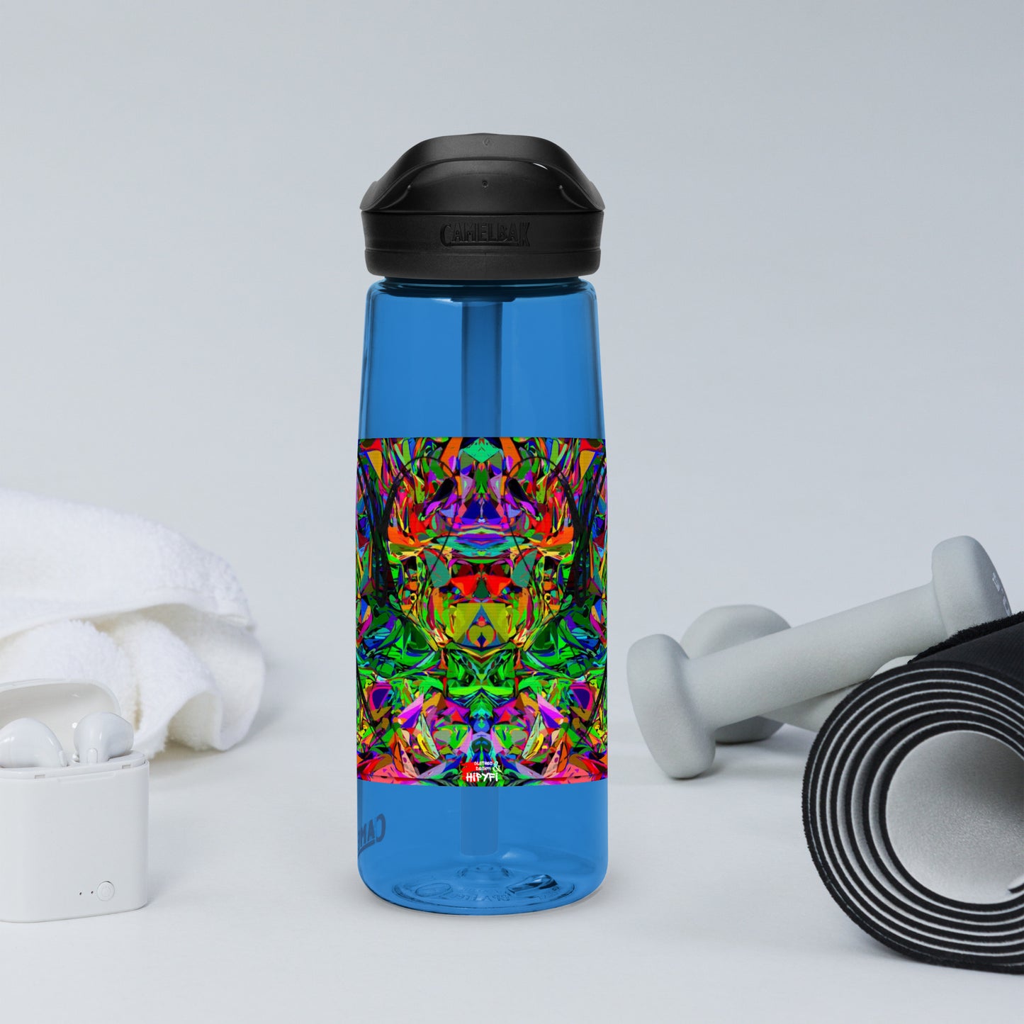 Neon Mythos sports water bottle with abstract multicolor design by Hipyfi Clothes & Design – BPA-free, eco-friendly gym hydration bottle oxford-blue-left