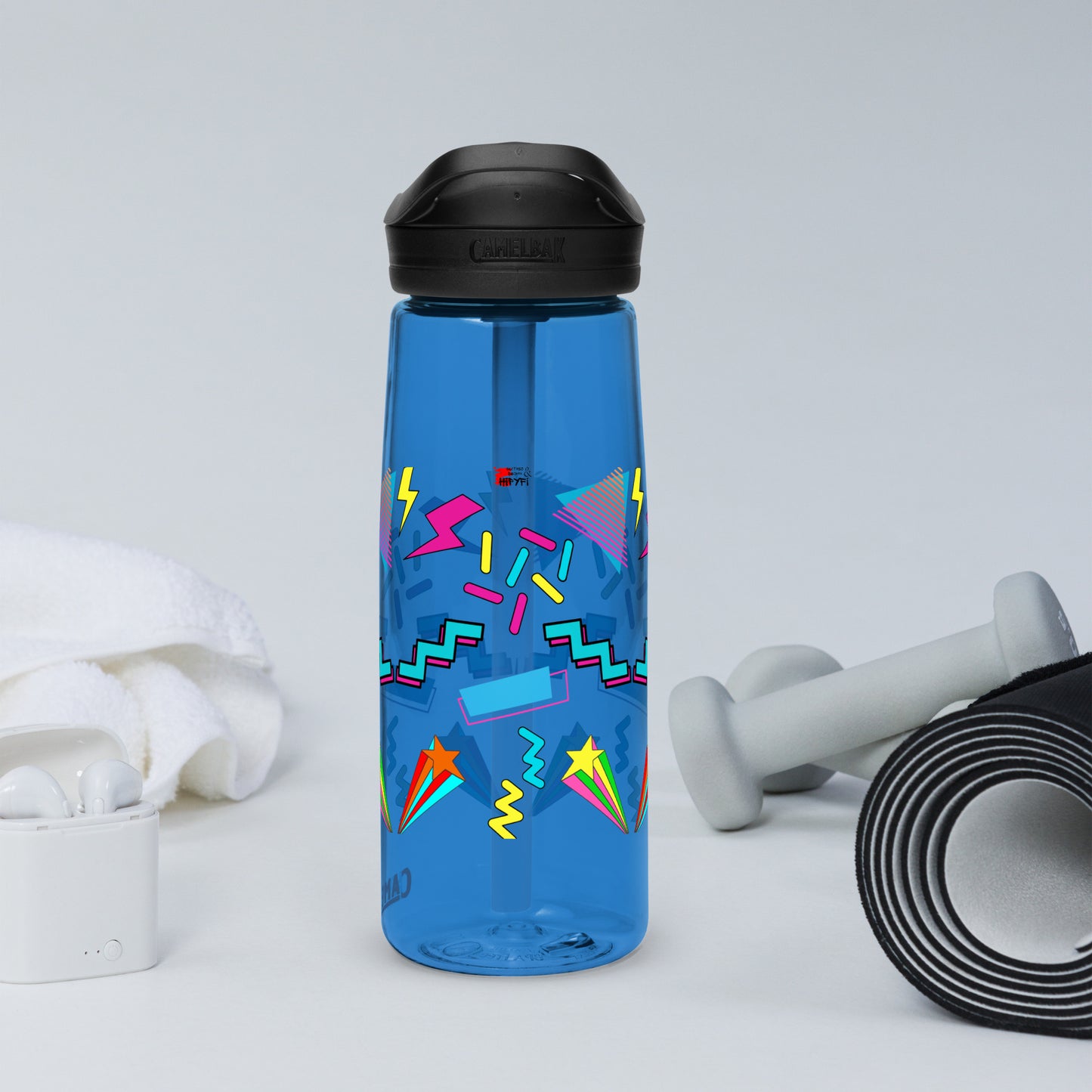 Hipyfi 80s Retro Sports Water Bottle in Oxford Blue with colorful pop art design, BPA-free and reusable oxford-blue-left