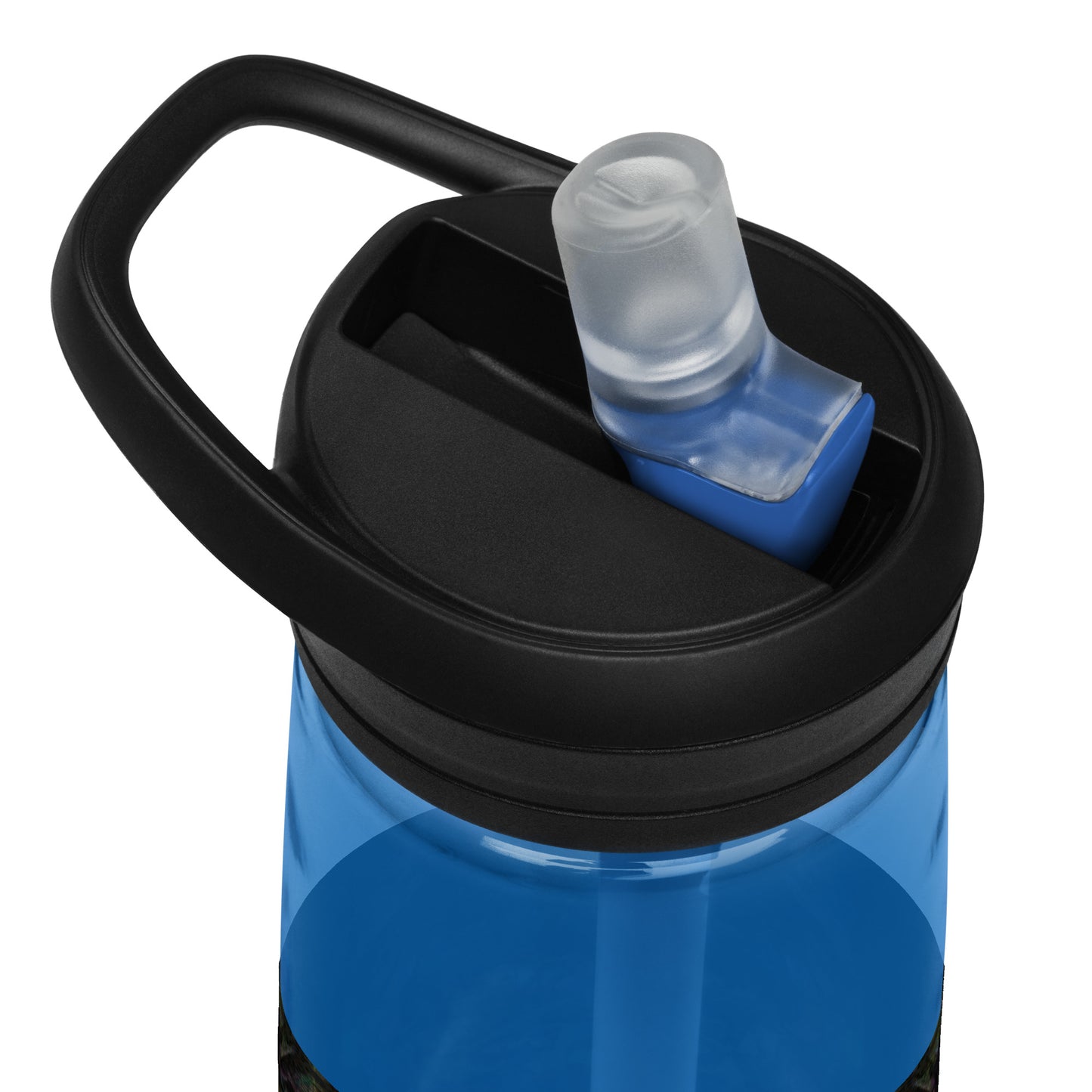 Abstract art sports water bottle with vibrant brushstrokes, crafted from 50% recycled plastic. Spill-proof lid, ergonomic handle. Eco-friendly, design by Hipyfi Clothes & Design. oxford-blue-product-details