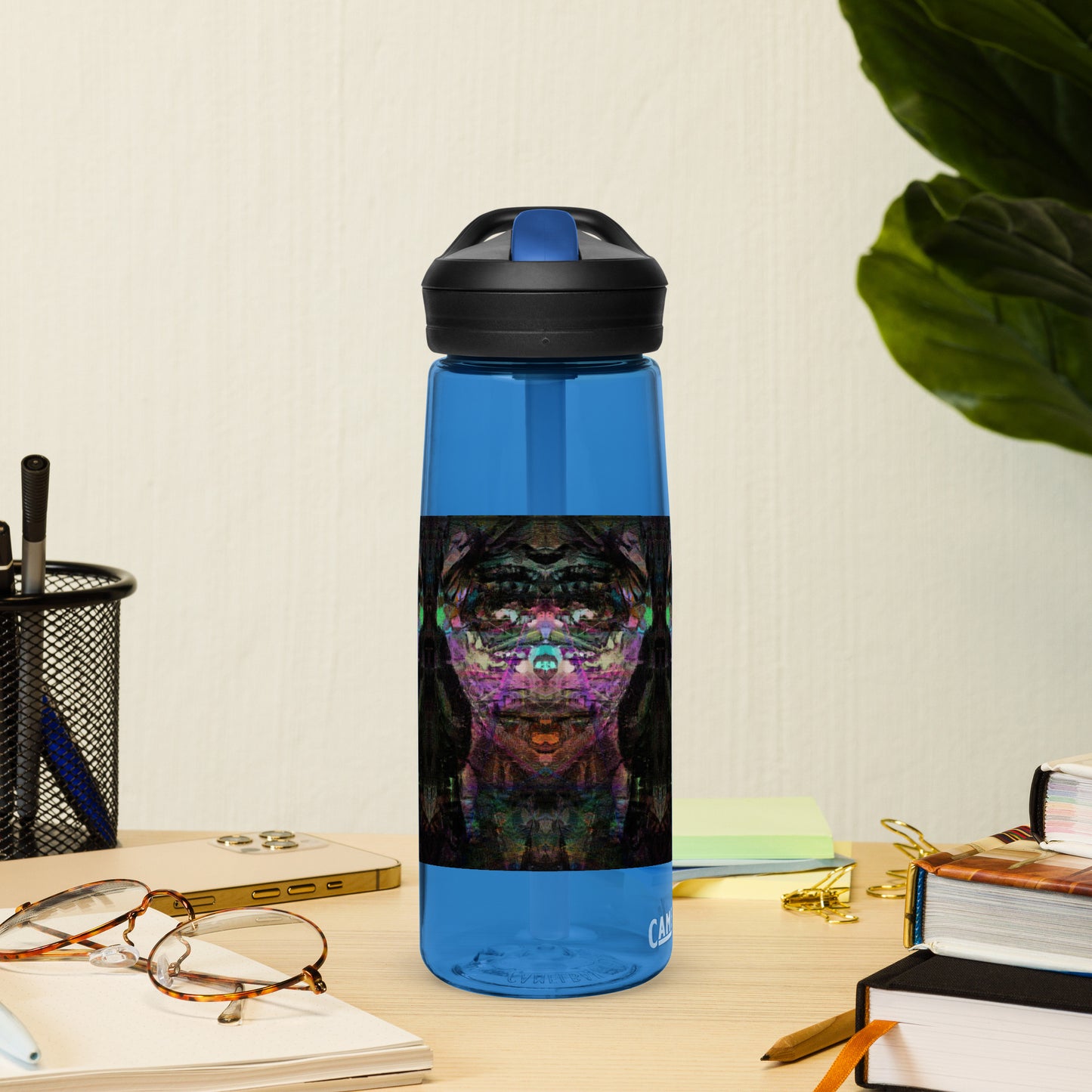 Abstract art sports water bottle with vibrant brushstrokes, crafted from 50% recycled plastic. Spill-proof lid, ergonomic handle. Eco-friendly, design by Hipyfi Clothes & Design. oxford-blue-right-4