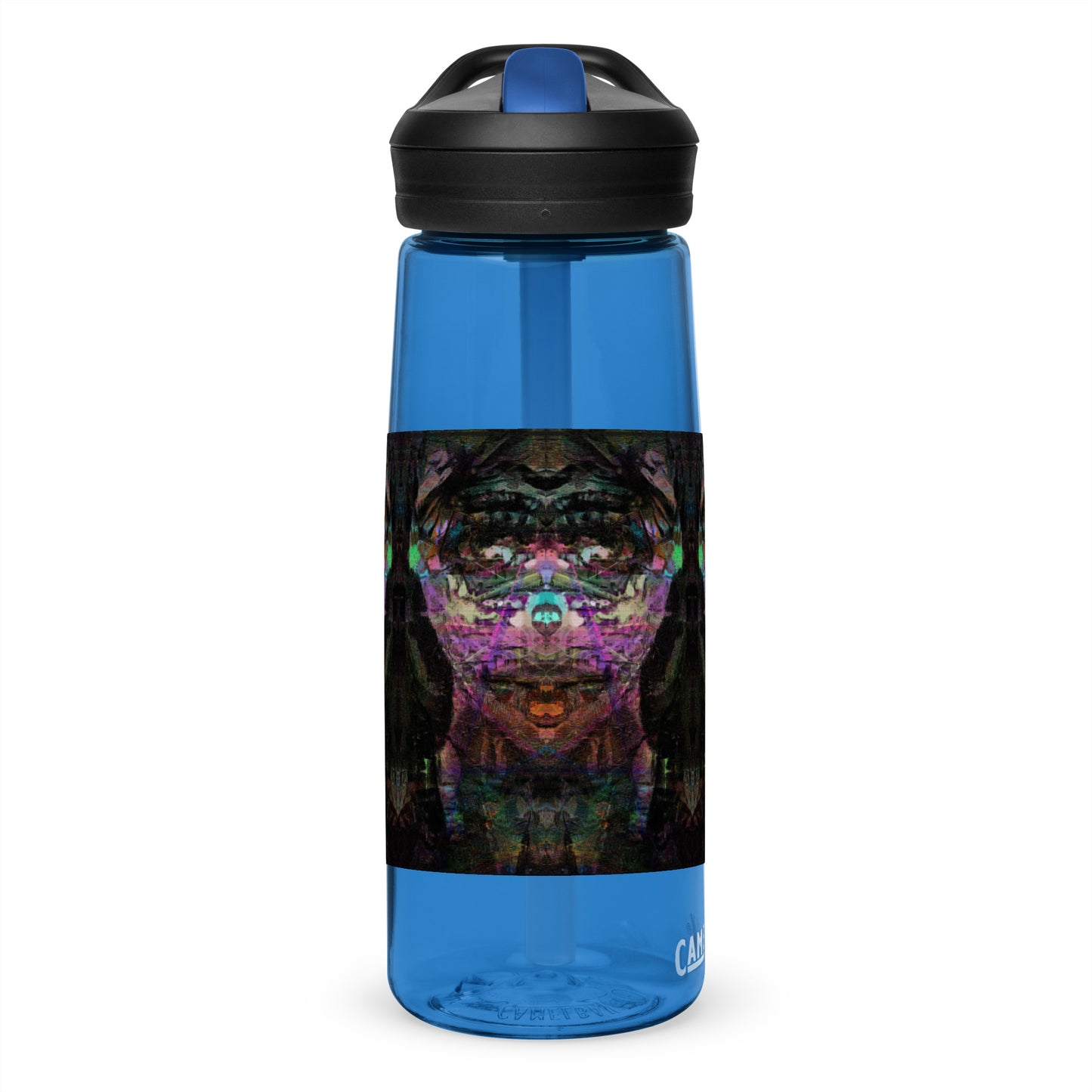 Abstract art sports water bottle with vibrant brushstrokes, crafted from 50% recycled plastic. Spill-proof lid, ergonomic handle. Eco-friendly, design by Hipyfi Clothes & Design. oxford-blue-right-2