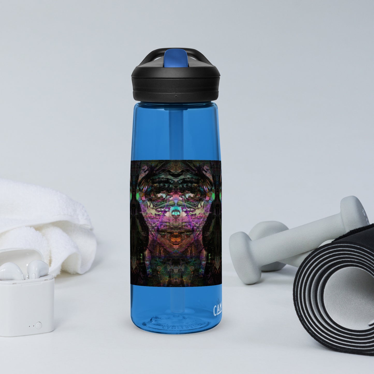 Abstract art sports water bottle with vibrant brushstrokes, crafted from 50% recycled plastic. Spill-proof lid, ergonomic handle. Eco-friendly, design by Hipyfi Clothes & Design. oxford-blue-right