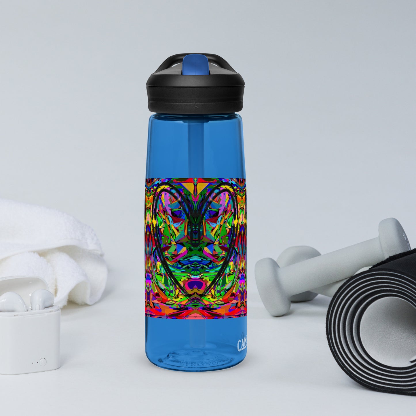 Neon Mythos sports water bottle with abstract multicolor design by Hipyfi Clothes & Design – BPA-free, eco-friendly gym hydration bottle oxford-blue-right