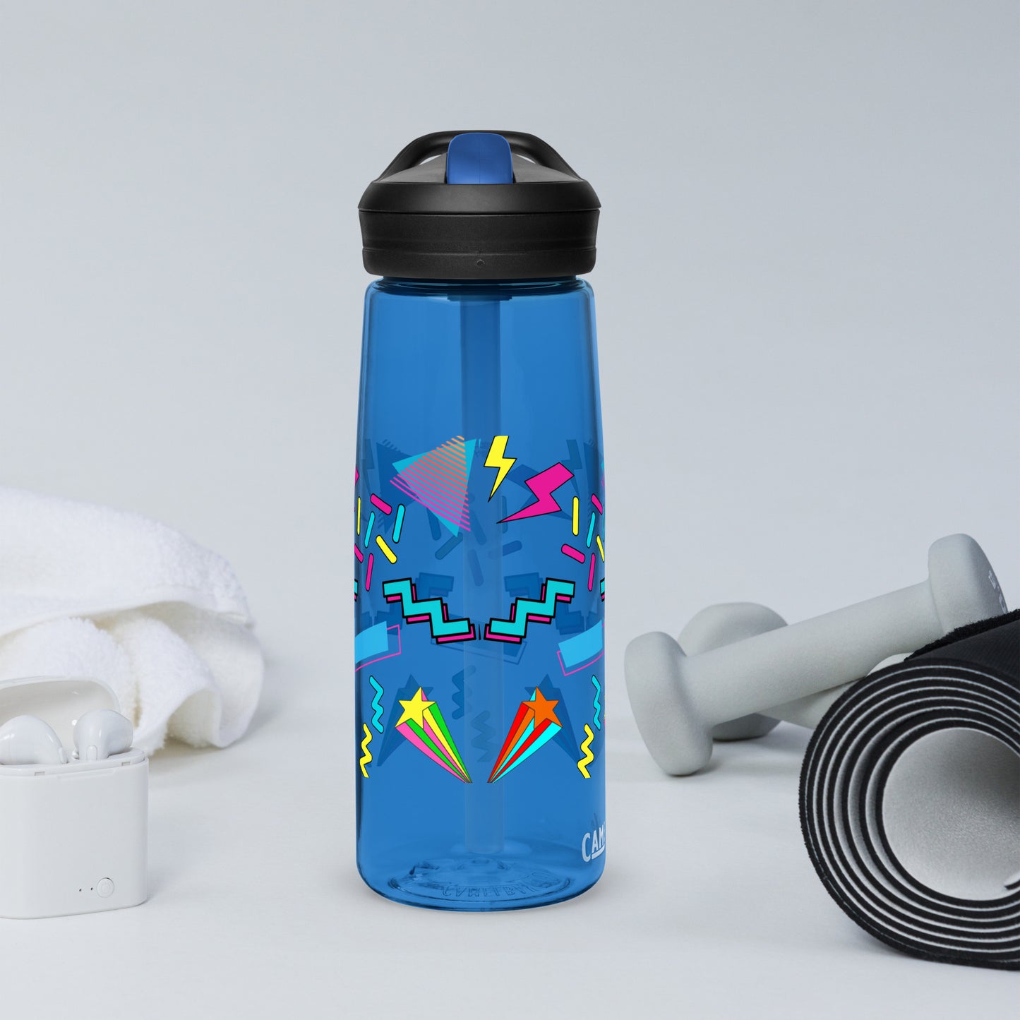 Hipyfi 80s Retro Sports Water Bottle in Oxford Blue with colorful pop art design, BPA-free and reusable oxford-blue-right