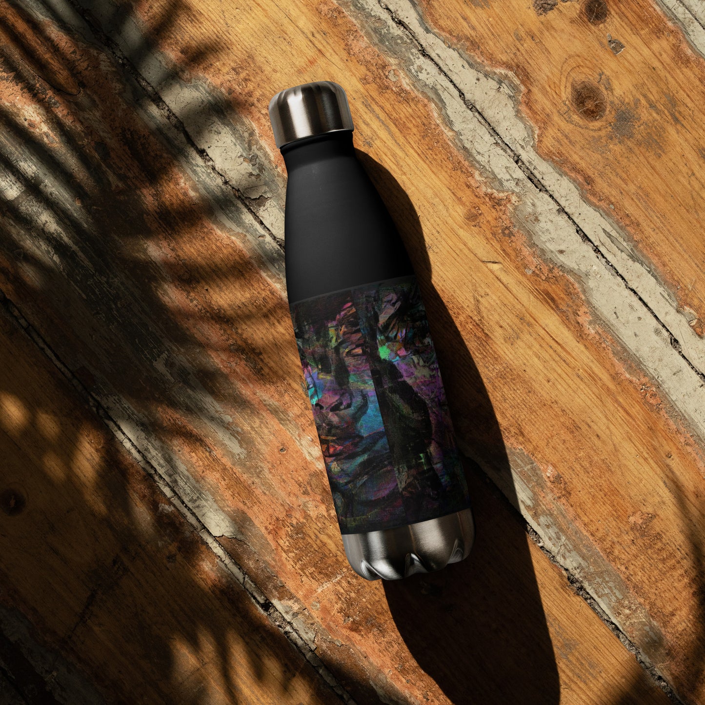 Hipyfi Chromatic Dreams stainless steel water bottle with vibrant abstract art design, insulated and leak-proof. black-17-oz-back-2