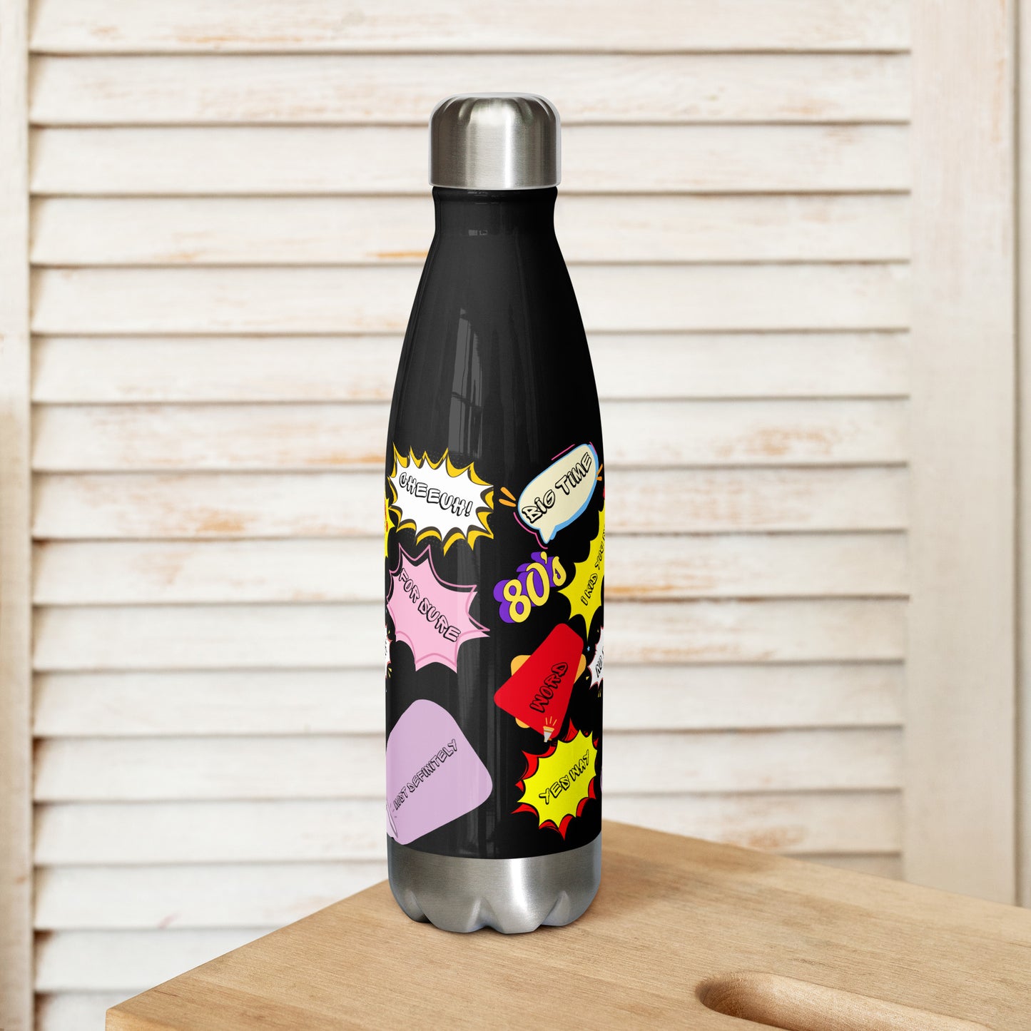 Hipyfi Retro Pop Art Stainless Steel Water Bottle with 1980s comic design and colorful vintage pattern 17-oz-back