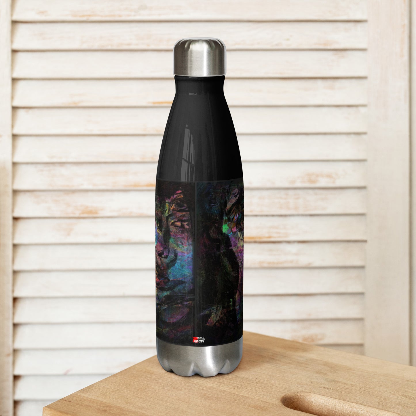 Hipyfi Chromatic Dreams stainless steel water bottle with vibrant abstract art design, insulated and leak-proof. black-17-oz-front