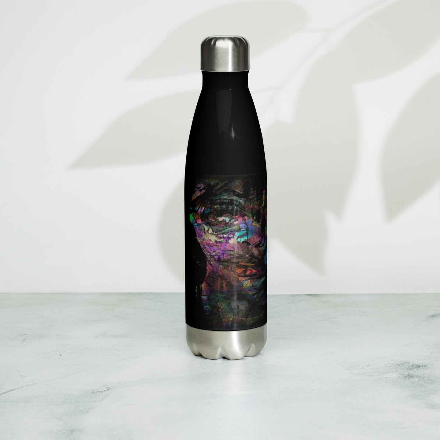 Hipyfi Chromatic Dreams stainless steel water bottle with vibrant abstract art design, insulated and leak-proof. black-17-oz-left