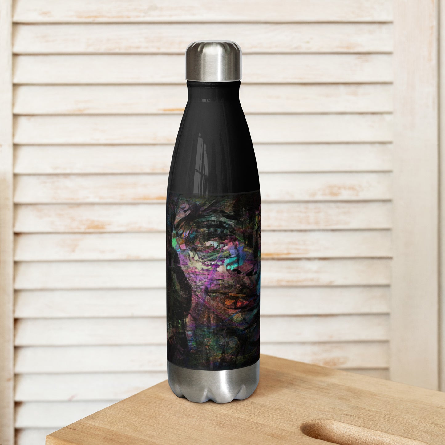 Hipyfi Chromatic Dreams stainless steel water bottle with vibrant abstract art design, insulated and leak-proof. black-17-oz-left-2