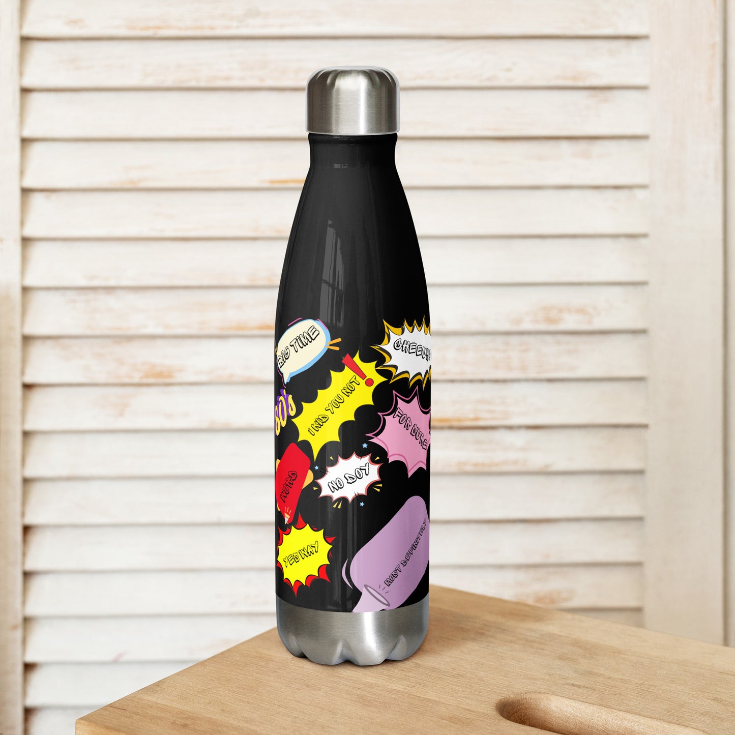 Hipyfi Retro Pop Art Stainless Steel Water Bottle with 1980s comic design and colorful vintage pattern 17-oz-left