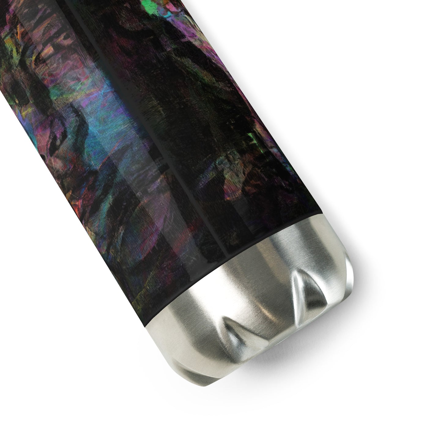 Hipyfi Chromatic Dreams stainless steel water bottle with vibrant abstract art design, insulated and leak-proof. black-17-oz-product-details-2