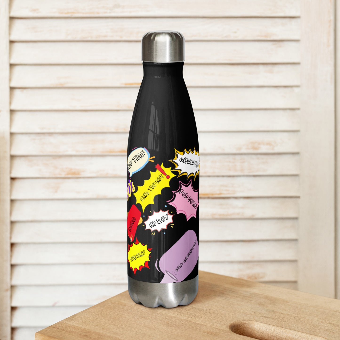 Hipyfi Retro Pop Art Stainless Steel Water Bottle with 1980s comic design and colorful vintage pattern 17-oz-right