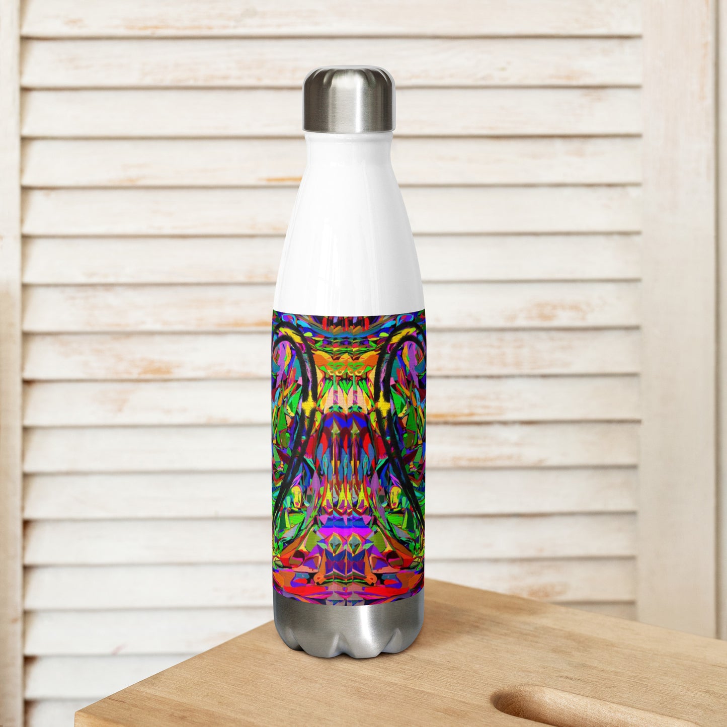 Neon Mythos stainless steel water bottle with vibrant abstract street art design and glossy finish by Hipyfi Clothes & Design white-17-oz-Back