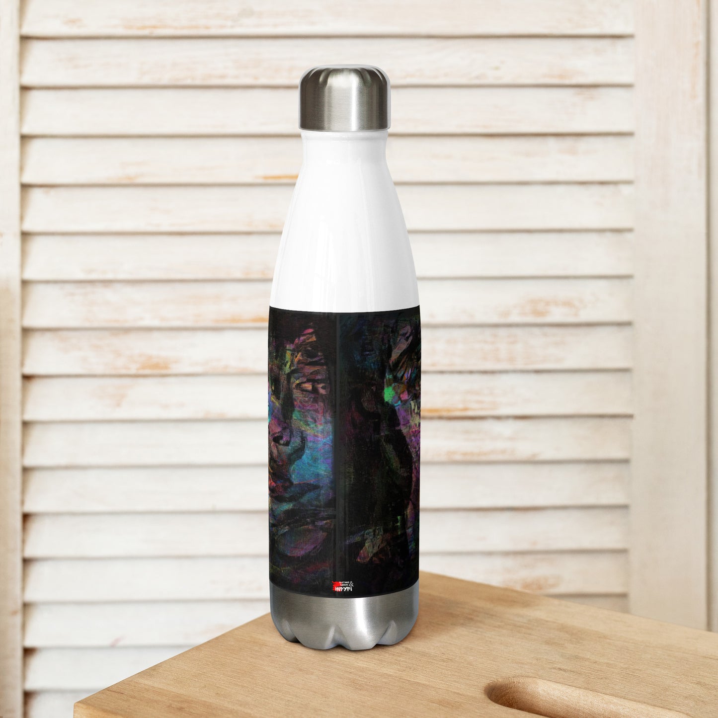 Hipyfi Chromatic Dreams stainless steel water bottle with vibrant abstract art design, insulated and leak-proof. white-17-oz-front
