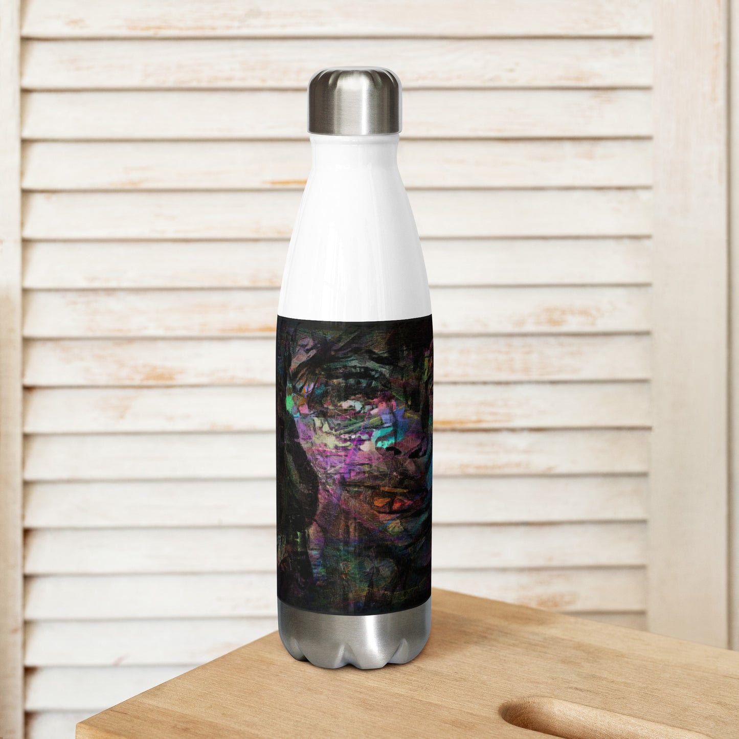 Hipyfi Chromatic Dreams stainless steel water bottle with vibrant abstract art design, insulated and leak-proof. white-17-oz-left