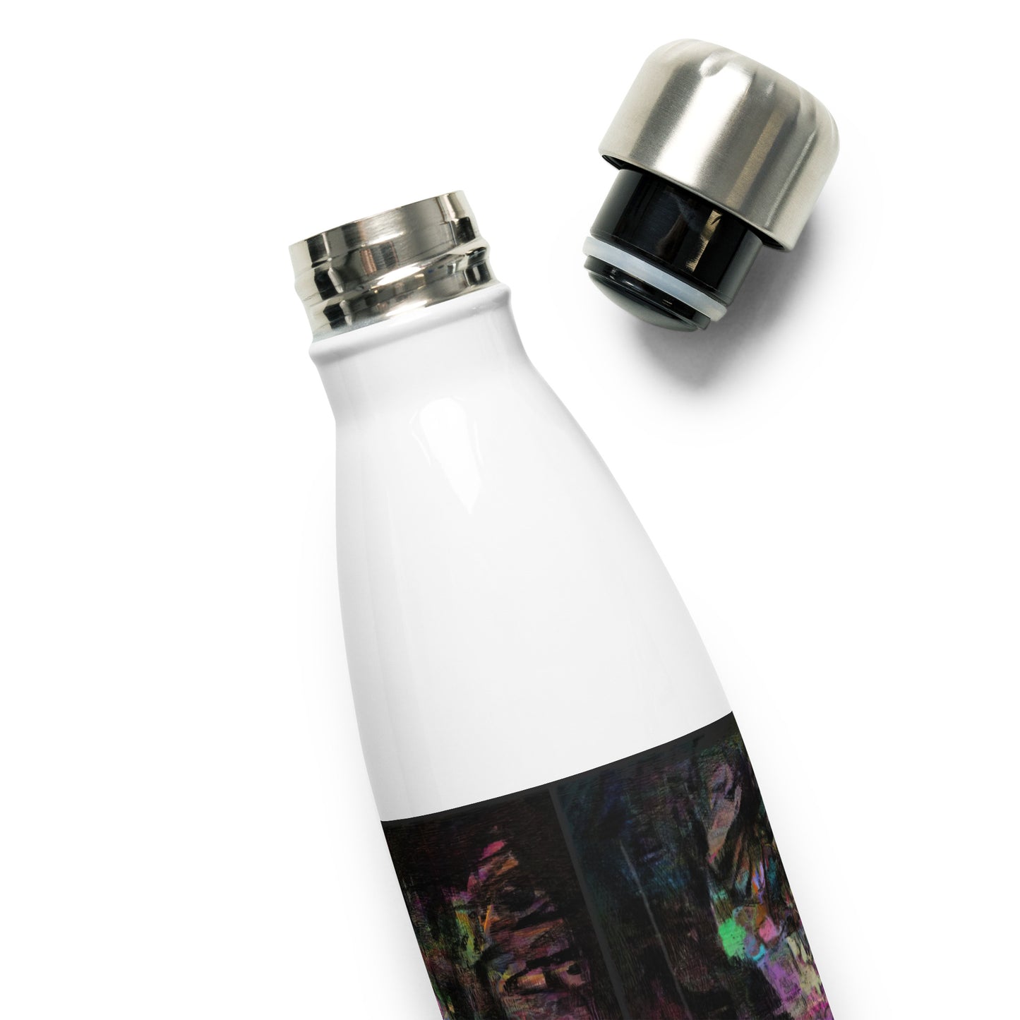 Hipyfi Chromatic Dreams stainless steel water bottle with vibrant abstract art design, insulated and leak-proof. white-17-oz-product-details
