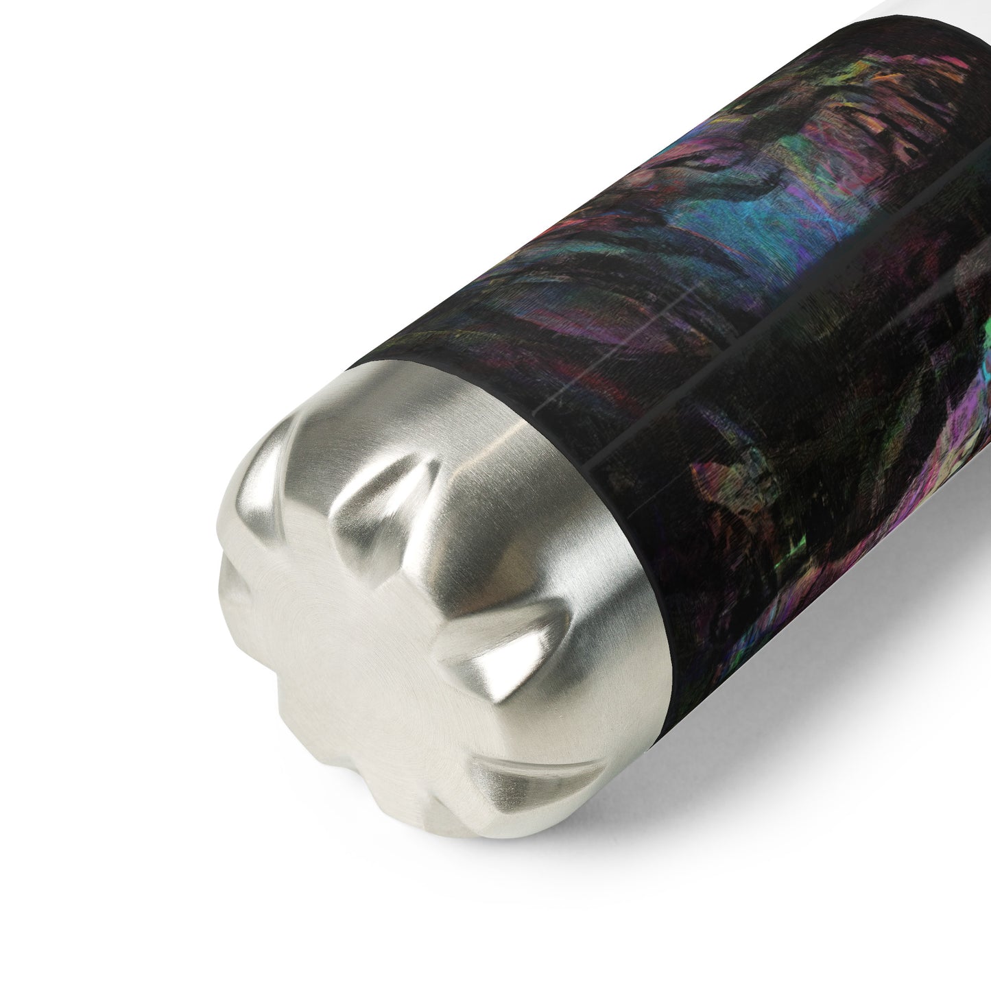 Hipyfi Chromatic Dreams stainless steel water bottle with vibrant abstract art design, insulated and leak-proof. white-17-oz-product-details-2