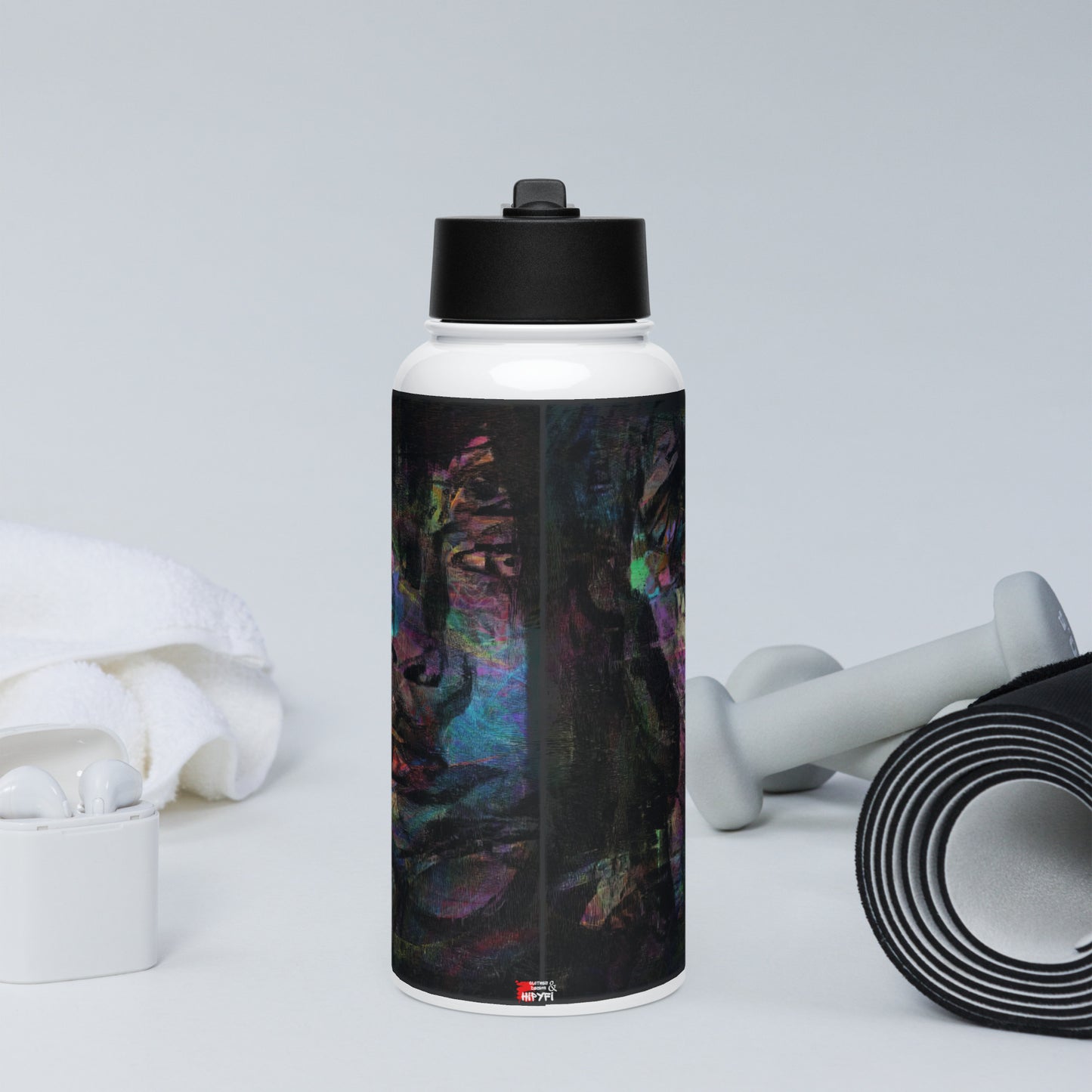 Hipyfi Chromatic Dreams water bottle featuring abstract art in on insulated stainless steel with leak-proof straw lid. front