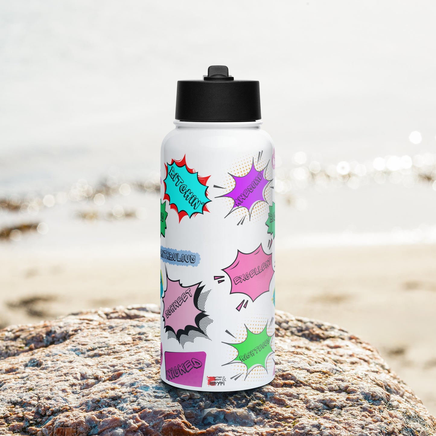 Hipyfi 80s Retro Pop Art Stainless Steel Water Bottle with Straw Lid – Vintage Comic Style Design front