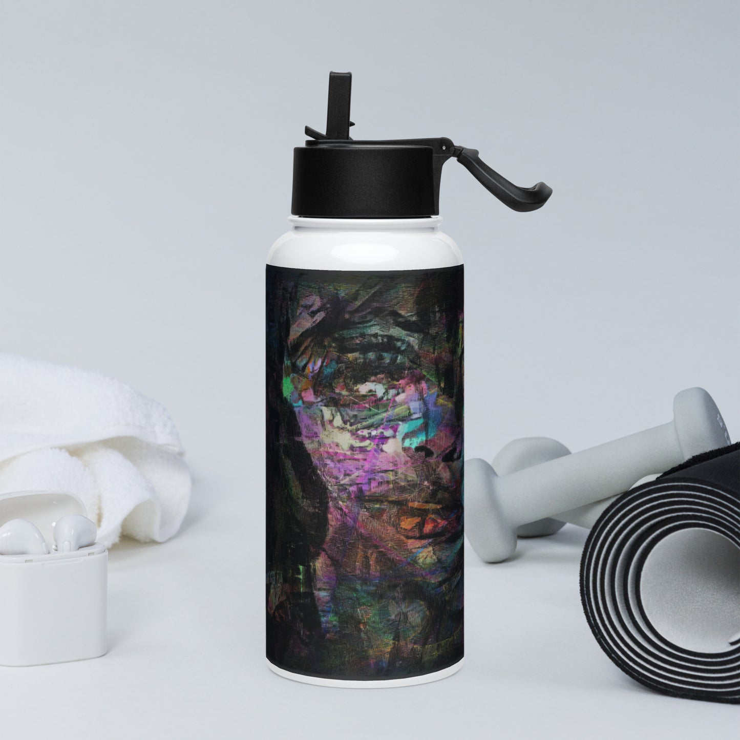 Hipyfi Chromatic Dreams water bottle featuring abstract art in on insulated stainless steel with leak-proof straw lid. left-3