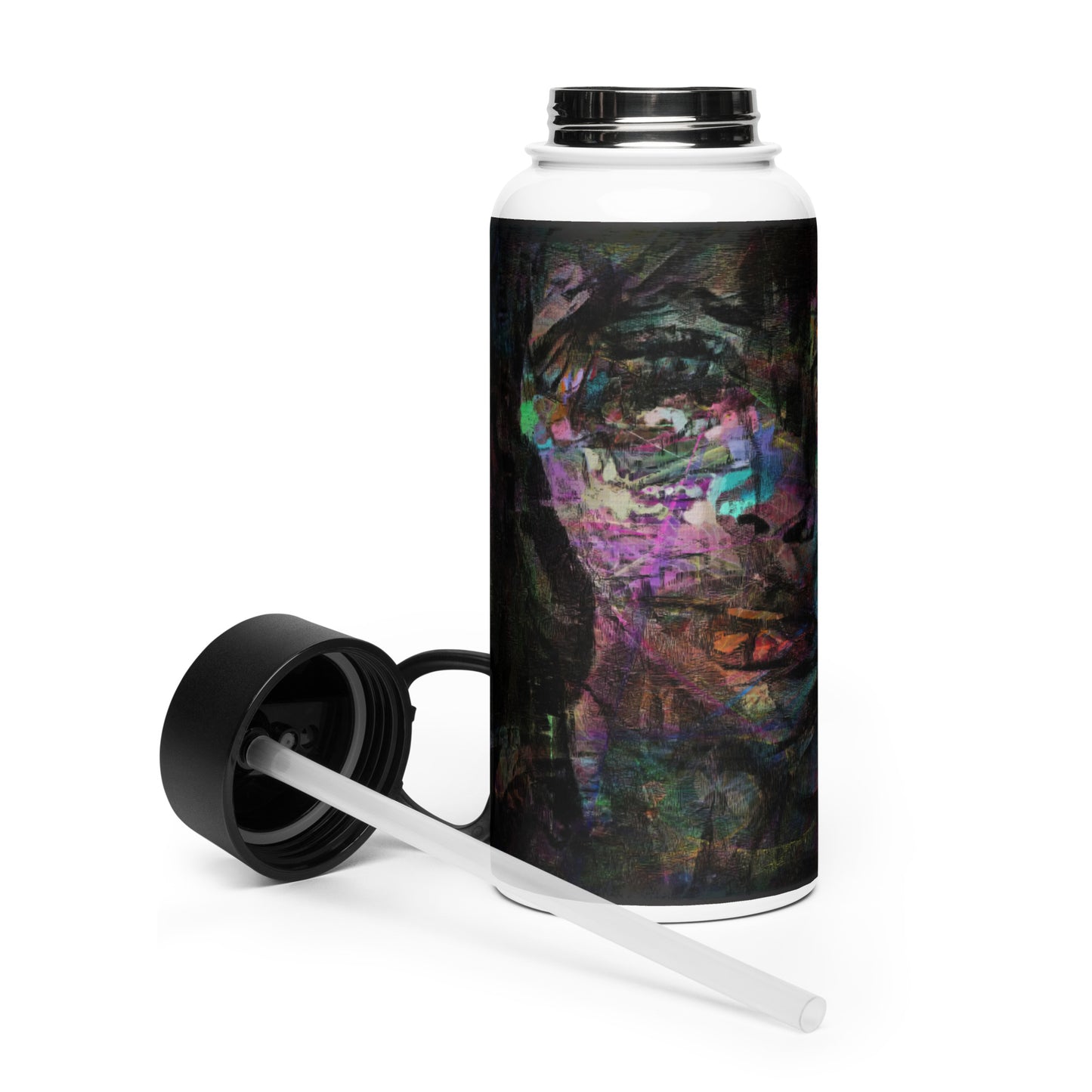 Hipyfi Chromatic Dreams water bottle featuring abstract art in on insulated stainless steel with leak-proof straw lid. left-4