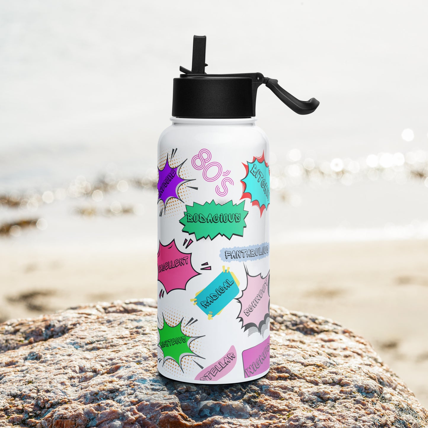 Hipyfi 80s Retro Pop Art Stainless Steel Water Bottle with Straw Lid – Vintage Comic Style Design left