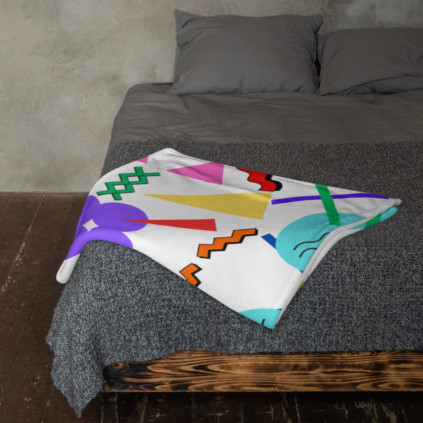 Retro pop geometric throw blanket with colorful 80s Memphis design by Hipyfi Clothes & Design 50x60-lifestyle-2