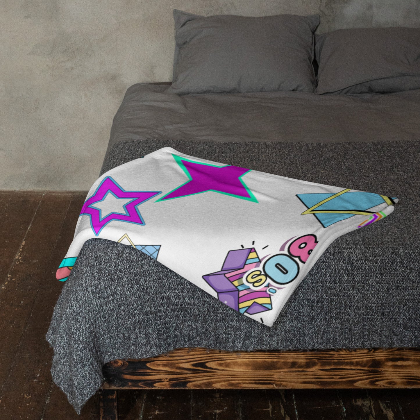 Hipyfi Retro Throw Blanket with 1980s geometric stars and Memphis design in vibrant neon colors 50x60-lifestyle-2