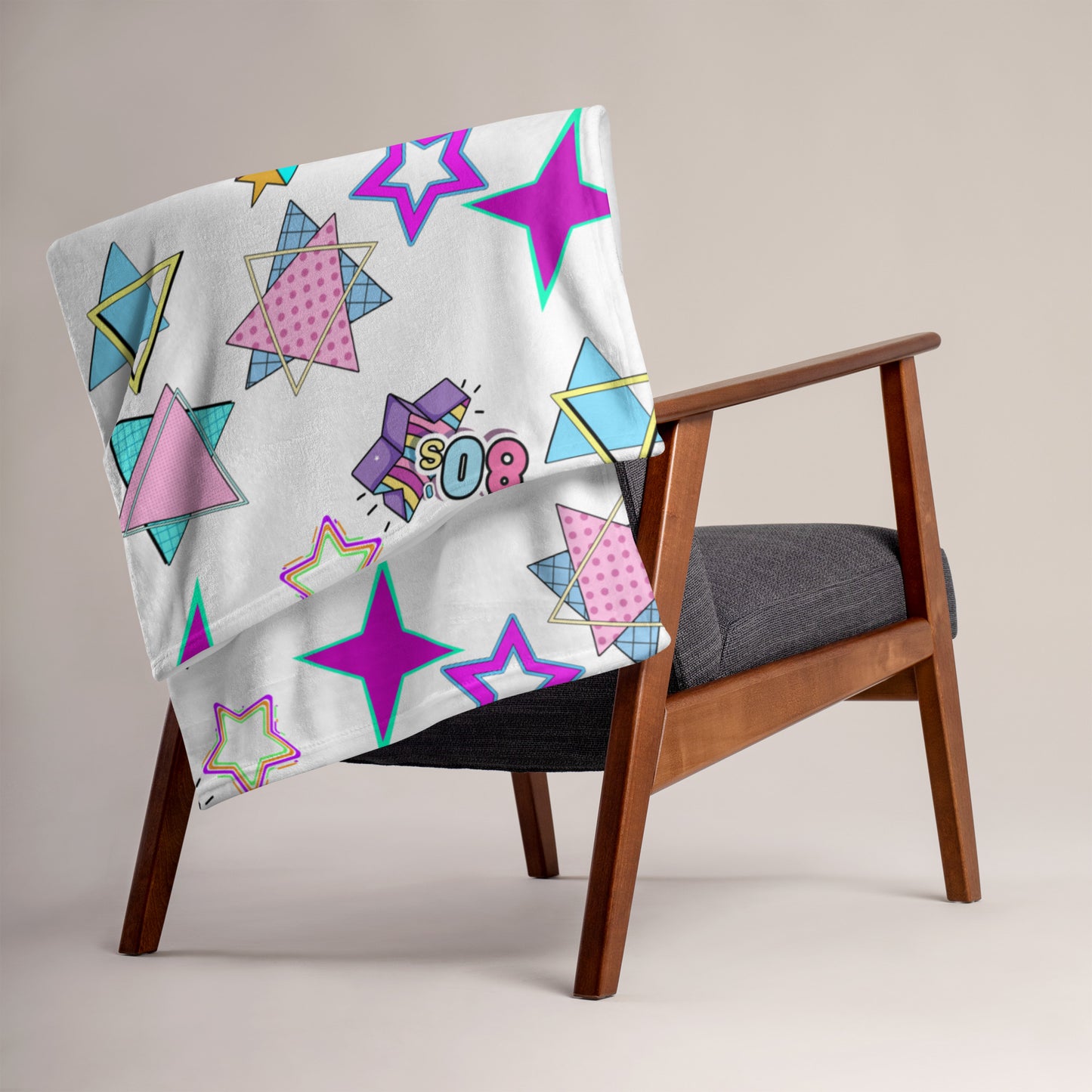 Hipyfi Retro Throw Blanket with 1980s geometric stars and Memphis design in vibrant neon colors 50x60-lifestyle