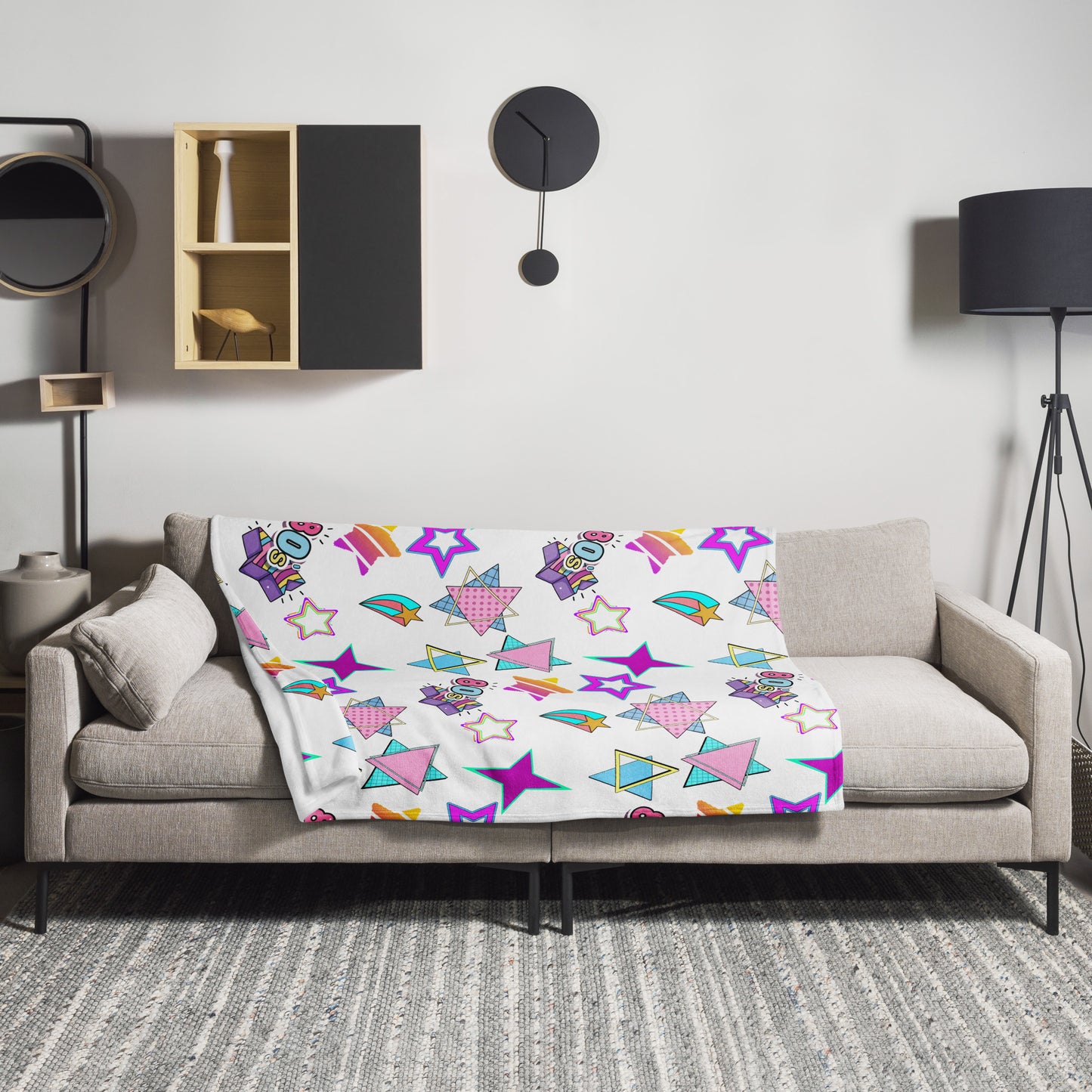 Hipyfi Retro Throw Blanket with 1980s geometric stars and Memphis design in vibrant neon colors 50x60-lifestyle-3