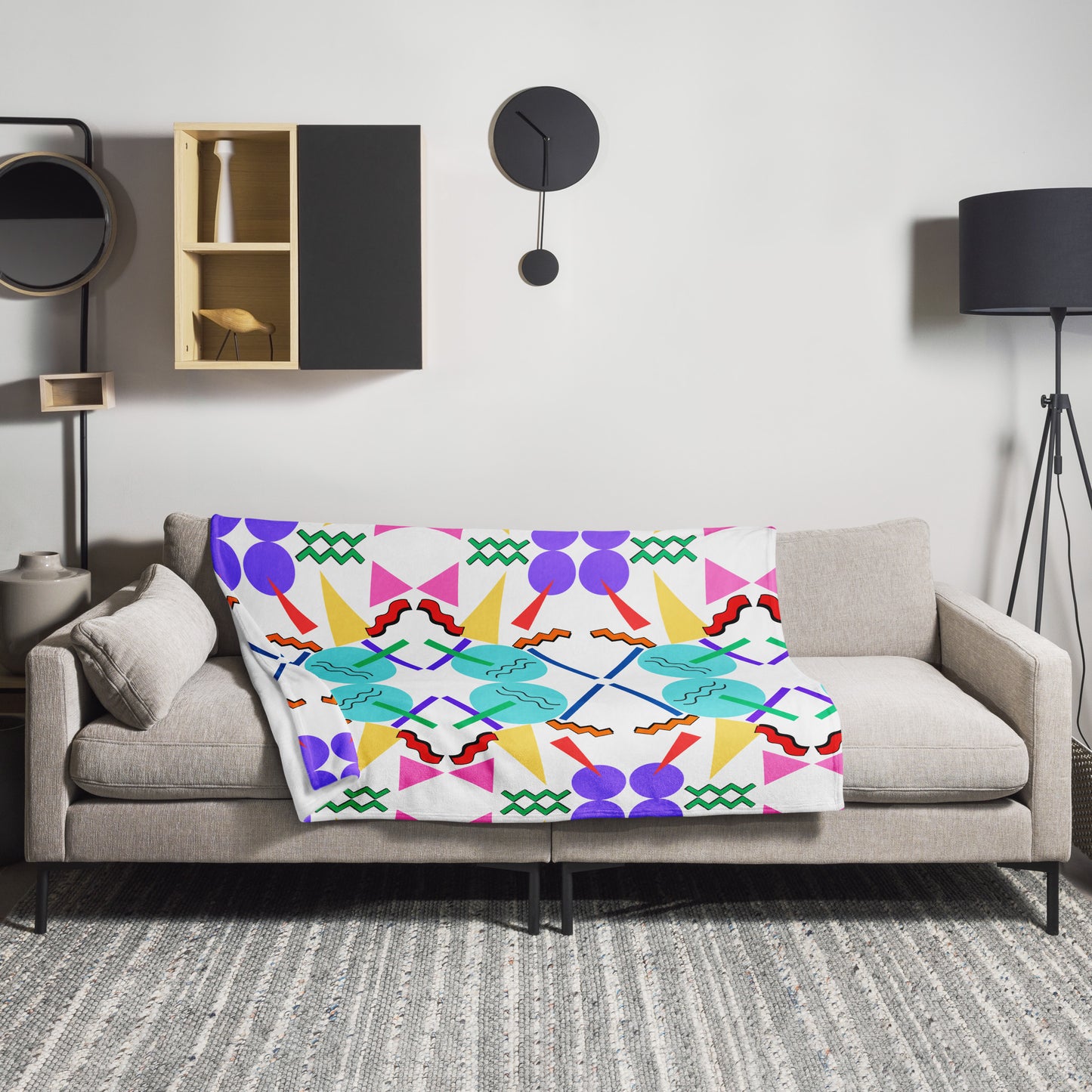 Retro pop geometric throw blanket with colorful 80s Memphis design by Hipyfi Clothes & Design 50x60-lifestyle-6