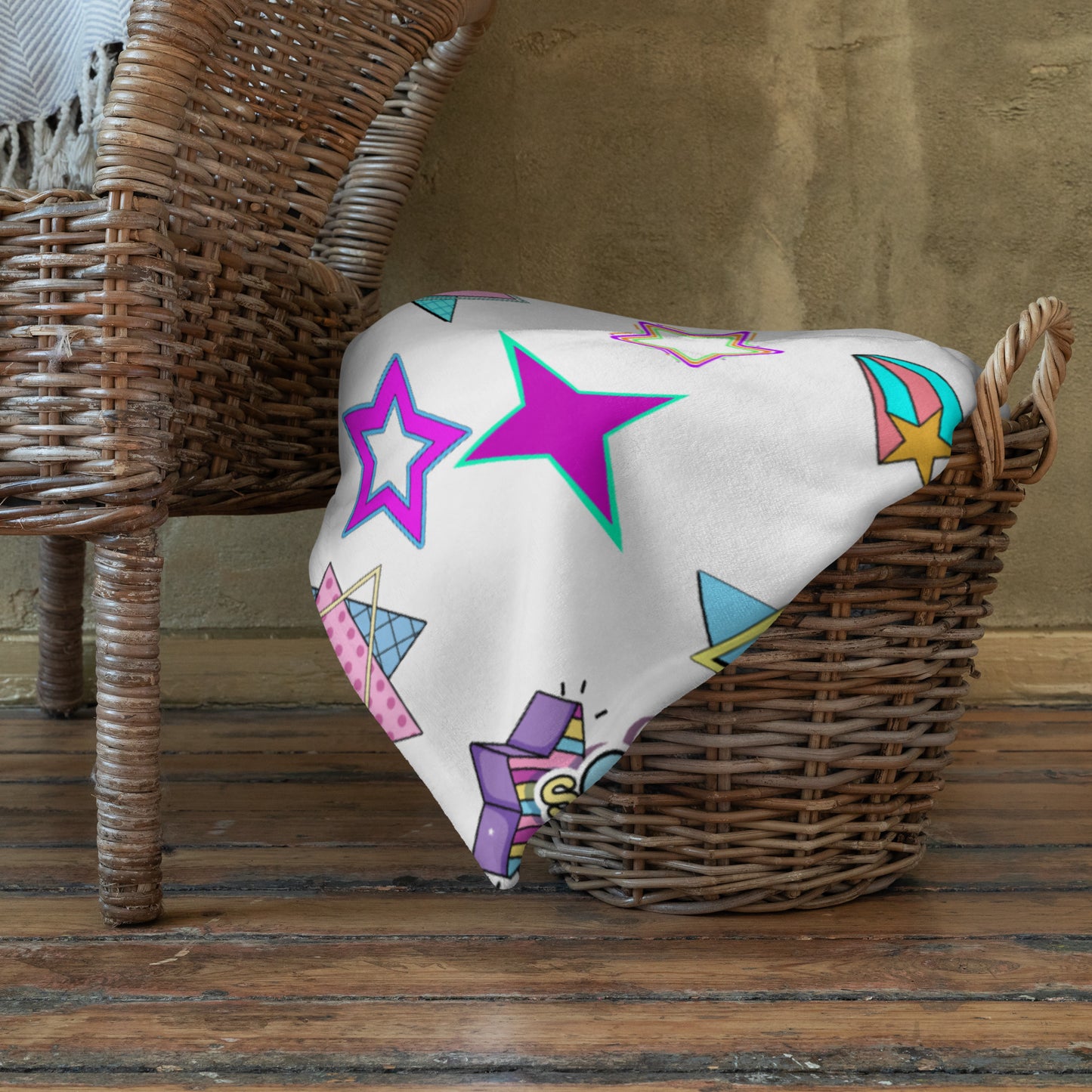 Hipyfi Retro Throw Blanket with 1980s geometric stars and Memphis design in vibrant neon colors 60x80-lifestyle-5